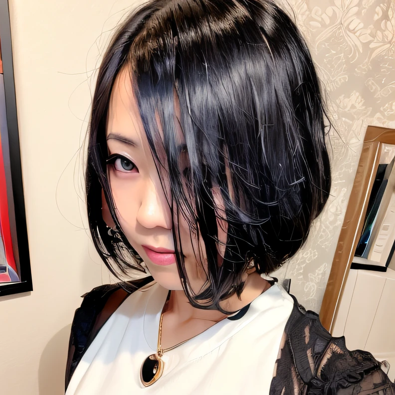 There is a woman wearing a black top and necklace, With short hair, A dark-haired, with black hair, sui ishida with black hair, Black bob hair, black hime-cut hair, Black bob cut hair, Ayami, A dark-haired, Ayaka, straight dark-hair, with black, bob cuts, Black shiny bob haircut, Bob Cut Hair,2B,