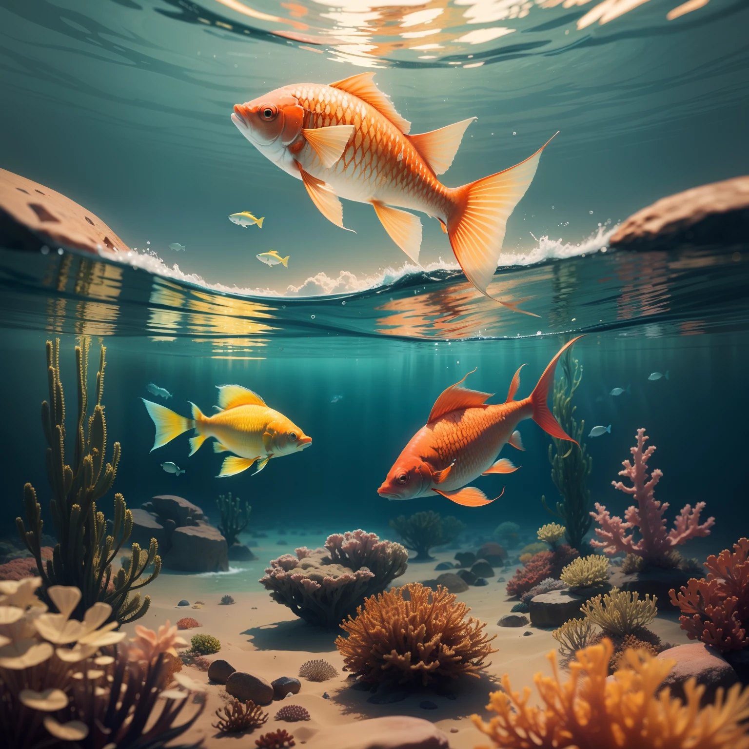 Red and gold fish in Sea background colourful sea plants