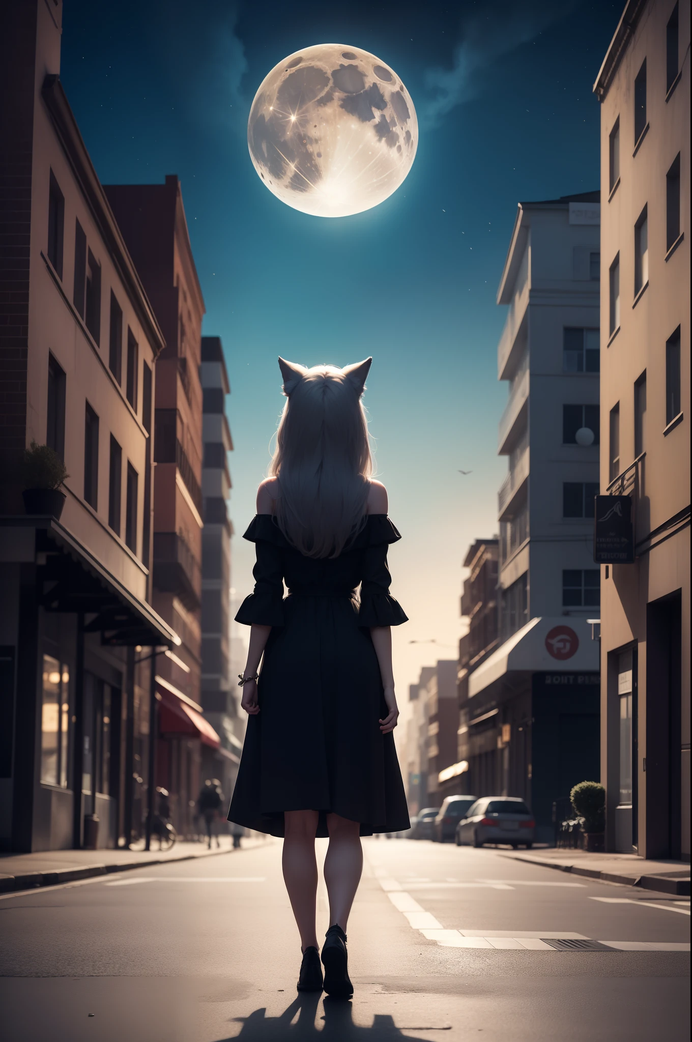 A girl is undergoing metamorphosis into a humanoid wolf in the middle of the city. She's standing on the sidewalk, with your back to the camera. She's wearing a long black dress and her hair is loose. Your skin is starting to change color, and her teeth are starting to grow. Her eyes are closed and she's making an expression of pain. The moon is full in the sky, and the stars are shining. The street is empty, And the only thing you hear is the sound of the wolf's howls.
