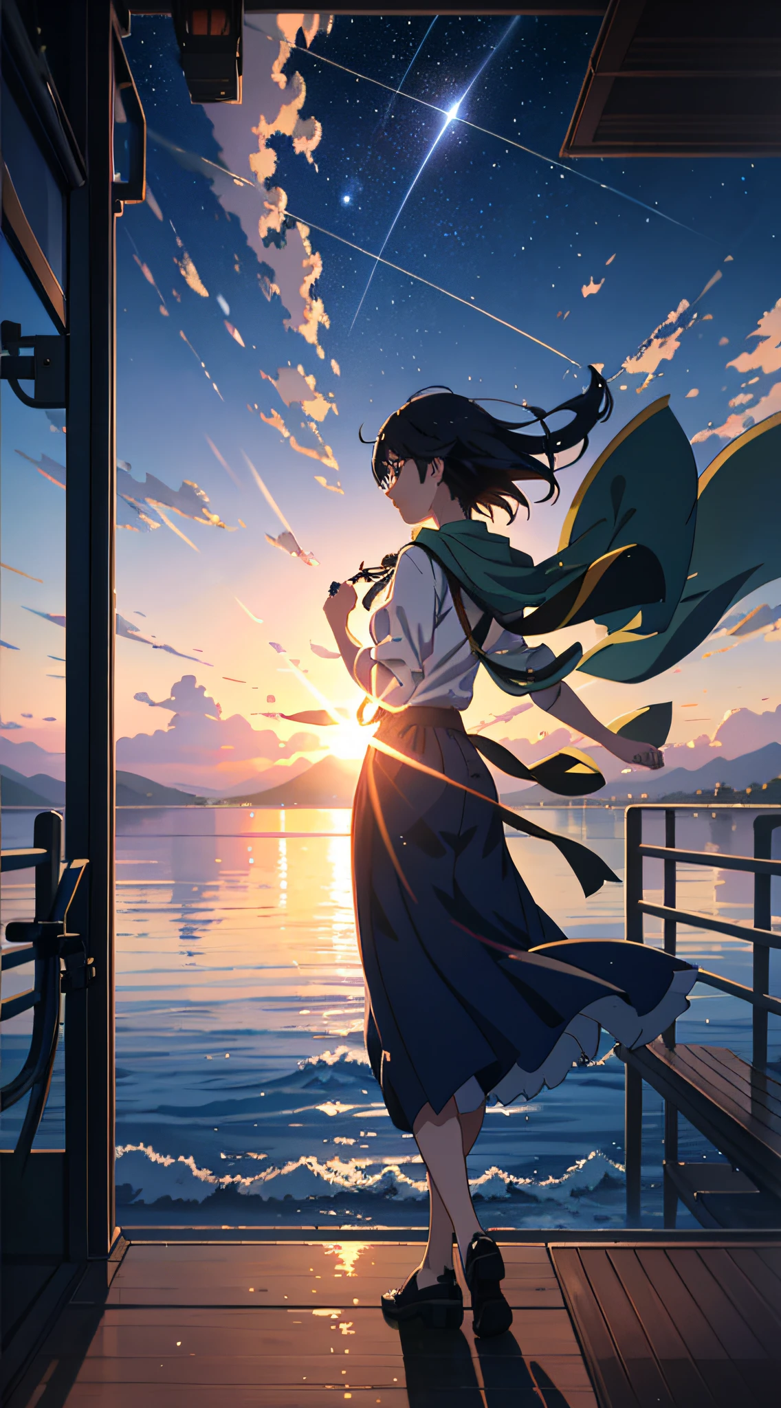 High quality masterpiece ,scenecy,Anime train passing through bodies of water on tracks, Brilliant night sky。Romantic train,pixiv,concept-art,Lofi art style,Reflectors。 by makoto shinkai, lofi art, beautiful anime scenes, Anime landscapes, Detailed scenery —width 672, in style of makoto shinkai, style of makoto shinkai,Detail enhancement。
