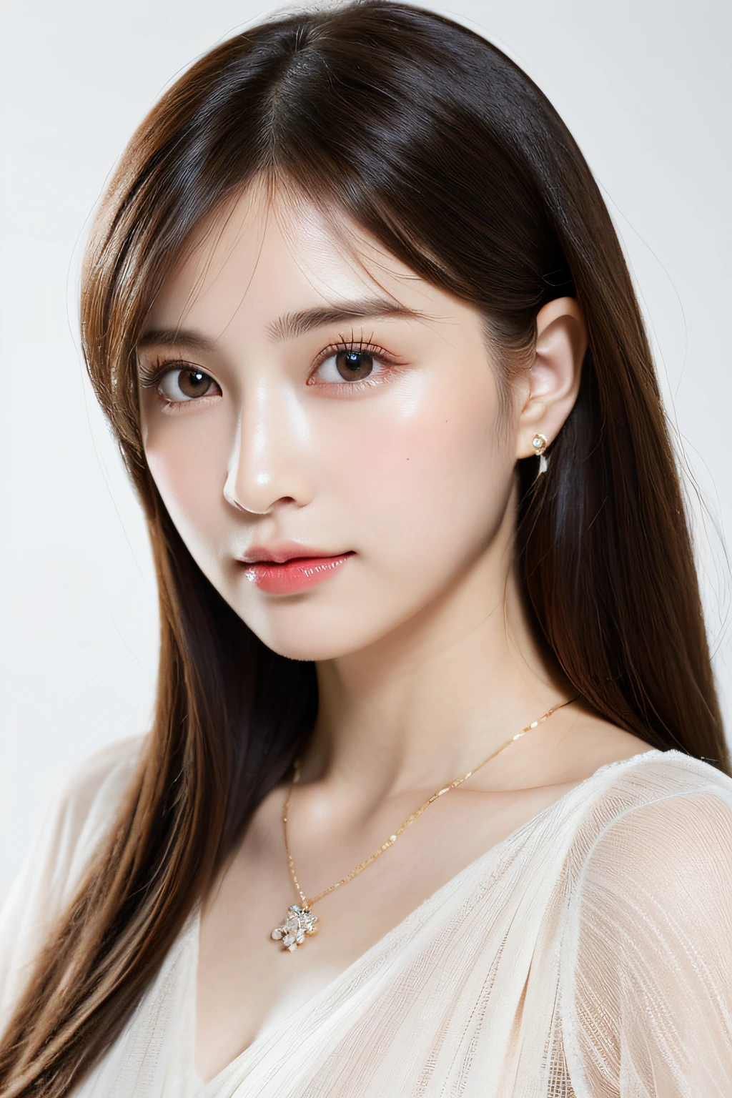 ((masutepiece)), (ultra-detailliert), ((Realistic)), (Better Quality), A very beautiful woman wearing an exclusive luxurious dress and necklace, with long silky hair, Wave hair, and a beautiful red and white color dress. She has sparkling eyes. (((fullllbody))), 8k smooth, Clear facial features, Realistic, Photography, Photoreal, (High Definition :1.0), (Realism:1.4), waist shot, (Realistic skin:1.4), (Exquisite and clear portrait:1.4), (High resolution:1.4), (Fashion portrait photography:1.4), (photos realistic:1.4), (Super realistic:1.4)