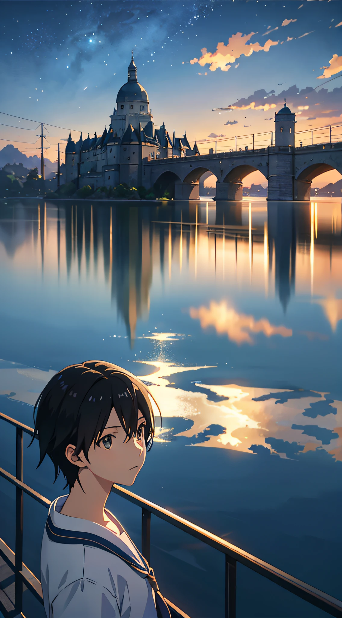 High quality masterpiece ,scenecy,Anime train passing through bodies of water on tracks, Brilliant night sky。Romantic train,pixiv,concept-art,Lofi art style,Reflectors。 by makoto shinkai, lofi art, beautiful anime scenes, Anime landscapes, Detailed scenery —width 672, in style of makoto shinkai, style of makoto shinkai,Detail enhancement。