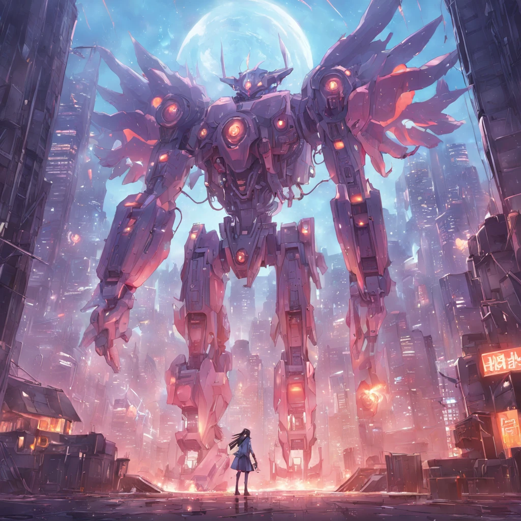 "sky, cloud, holds_weapon, no_human, glowing, robot, building, radiant_eyes, mech, sci-fi, cityscape, realistic, mechanical"