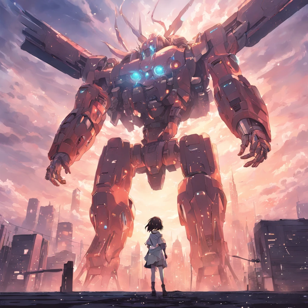 "sky, cloud, holds_weapon, no_human, glowing, robot, building, radiant_eyes, mech, sci-fi, cityscape, realistic, mechanical"