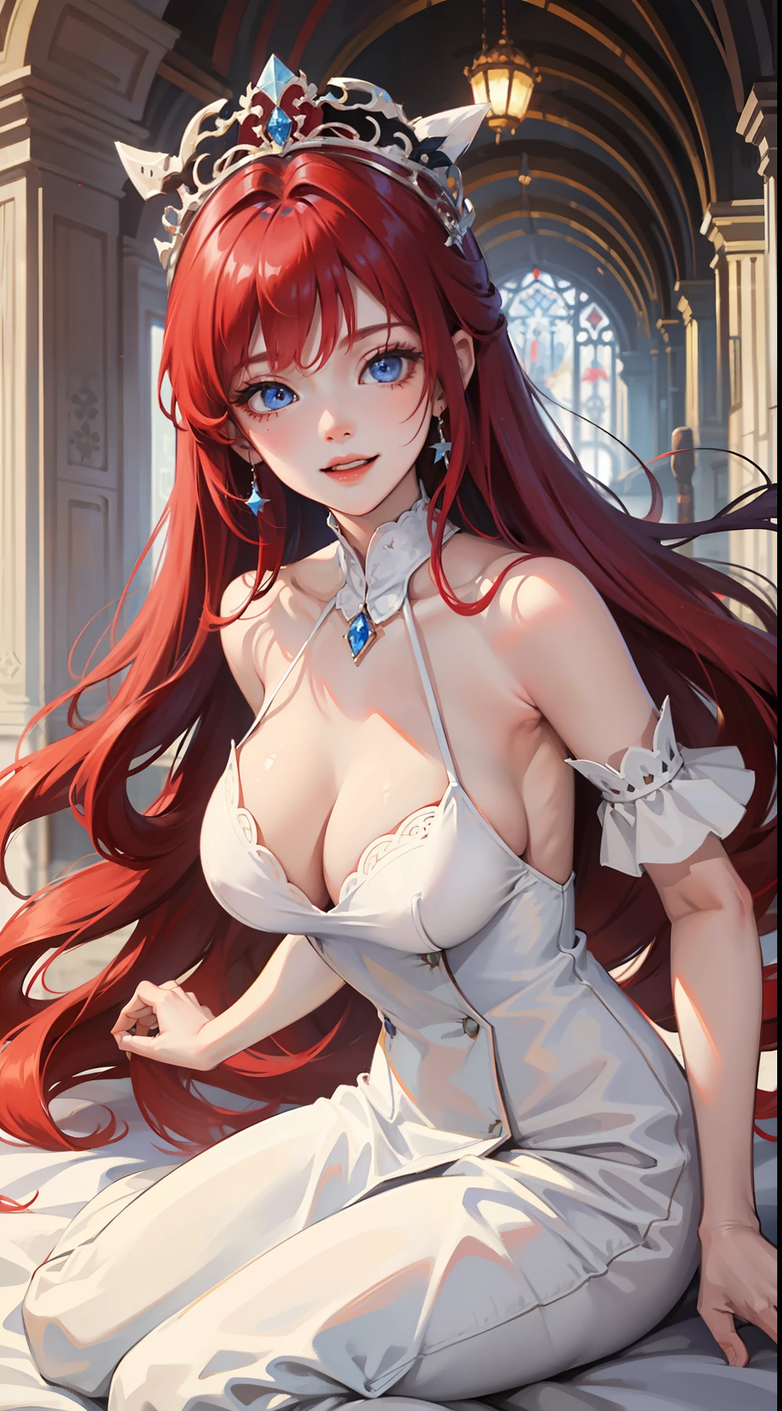 young girl, Long red hair, blue eyes, Huge-breasts, White princess dress, open breasts, Smile, Masterpiece, hiquality