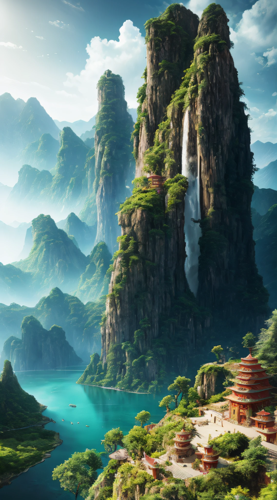 Masterpiece, best quality, high quality, extremely detailed CG unity 8k wallpaper, landscape, outdoor, sky, cloud, sky, no humans, mountain, landscape, water, tree, blue sky, waterfall, cliff, nature, chinese architecture, lakes, rivers, cloudy skies, award winning photography, bokeh, depth of field, HDR, bloom, chromatic aberration, photorealism, very detailed, trending on artstation, trending on CGsociety, intricate, high detail, dramatic, midjourney art