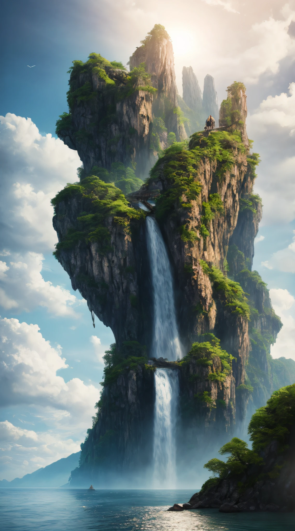 Masterpiece, best quality, high quality, extremely detailed CG unity 8k wallpaper, landscape, outdoor, sky, cloud, sky, no humans, mountain, landscape, water, tree, blue sky, waterfall, cliff, nature, chinese architecture, lakes, rivers, cloudy skies, award winning photography, bokeh, depth of field, HDR, bloom, chromatic aberration, photorealism, very detailed, trending on artstation, trending on CGsociety, intricate, high detail, dramatic, midjourney art