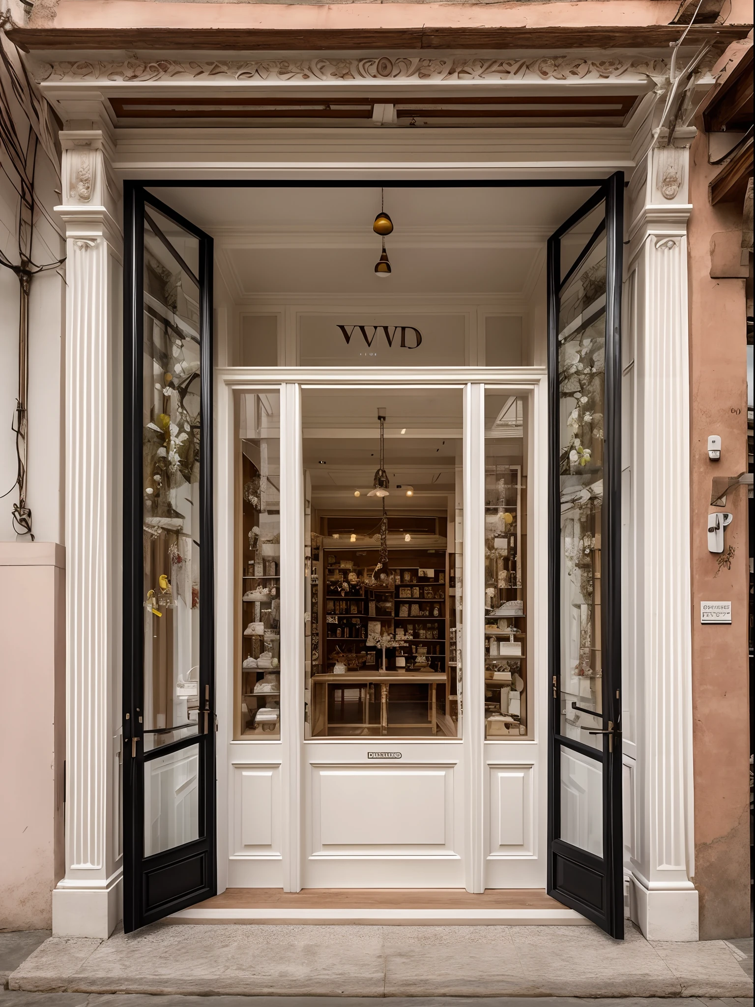 fachada de uma loja de rua, vestido de noiva na vitrine de vidro, loja em formato de bolo de noiva com paredes de pedra de porcelana, detalhes em ouro, rosas vermelhas decorativas, foto central, luz do dia, luxuoso, imagem central, super detalhada