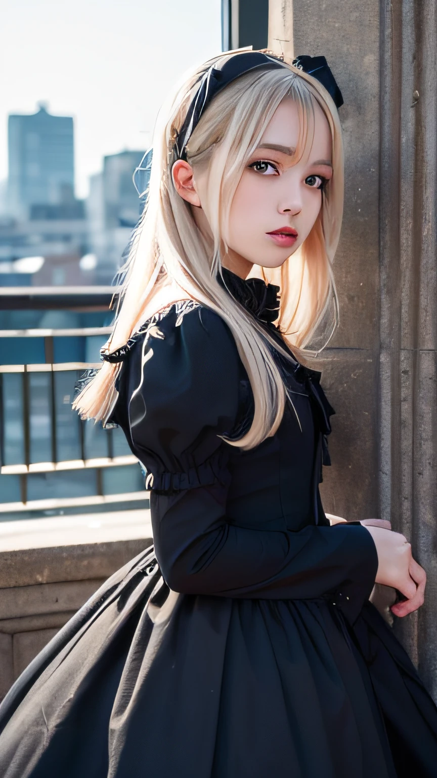 (masutepiece, Best Quality:1.2), 8K, 85 mm, Official art, silber hair,Raw photo, absurderes, Platinum Blonde Hair, (Blue eyes, Lolita Fashion, sweetlolita, Gothic, Dress:1.2), looking at viewer、Idol face, cowboy shot, Beautiful Girl, gardeniass, Copenhagen, Short sleeve, Elegance, Sophisticated, gardenia, Looking at Viewer, Film grain, chromatic abberation, Sharp Focus, face lights, Dynamic lighting, Cinematic lighting, Detailed face, Big city background