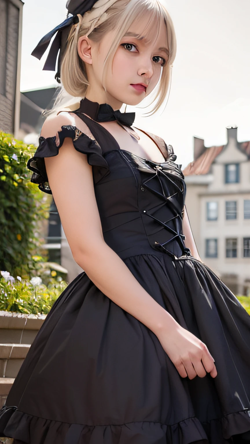 (masutepiece, Best Quality:1.2), 8K, 85 mm, Official art, silber hair,Raw photo, absurderes, Platinum Blonde Hair, (Blue eyes, Lolita Fashion, sweetlolita, Gothic, Dress:1.2),  looking at viewer、Idol face, cowboy  shot, Beautiful Girl, gardeniass, Copenhagen, Short sleeve, Elegance, Sophisticated, gardenia, Looking at Viewer, Film grain, chromatic abberation, Sharp Focus, face lights, Dynamic lighting, Cinematic lighting, Detailed face, Big city background