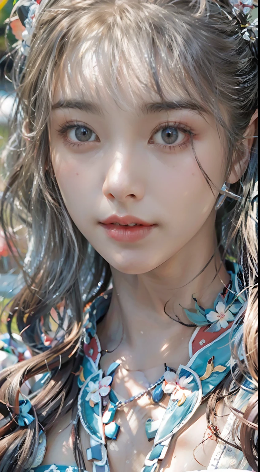 ulzang-6500-v1.1,(RAW photo:1.2), (Photorealistic:1.4), Beautiful Meticulous Girl, very detailed eyes and faces, Beautiful detailed eyes,  hugefilesize, ultra - detailed, A high resolution, The is very detailed，（（gigantic cleavage breasts，Yang beyond，））， （chiseled abs：1.1），（perfect bodies：1.1），（long whitr hair：1.2），（Silvery hair），Lace collar，full body shot shot，（（wearing a hanfu，White Hanfu，Lilac pattern）），（（Cardigan Hanfu）），（Very detailed CG 8k wallpaper），（Extremely refined and beautiful），（tmasterpiece），（best qualtiy：1.0），（超A high resolution：1.0），beautiful illumination，perfect lightning bolt，realistic shaded，[A high resolution]，Detailed skins， Hyper-detailing（（（a color））），high realistic