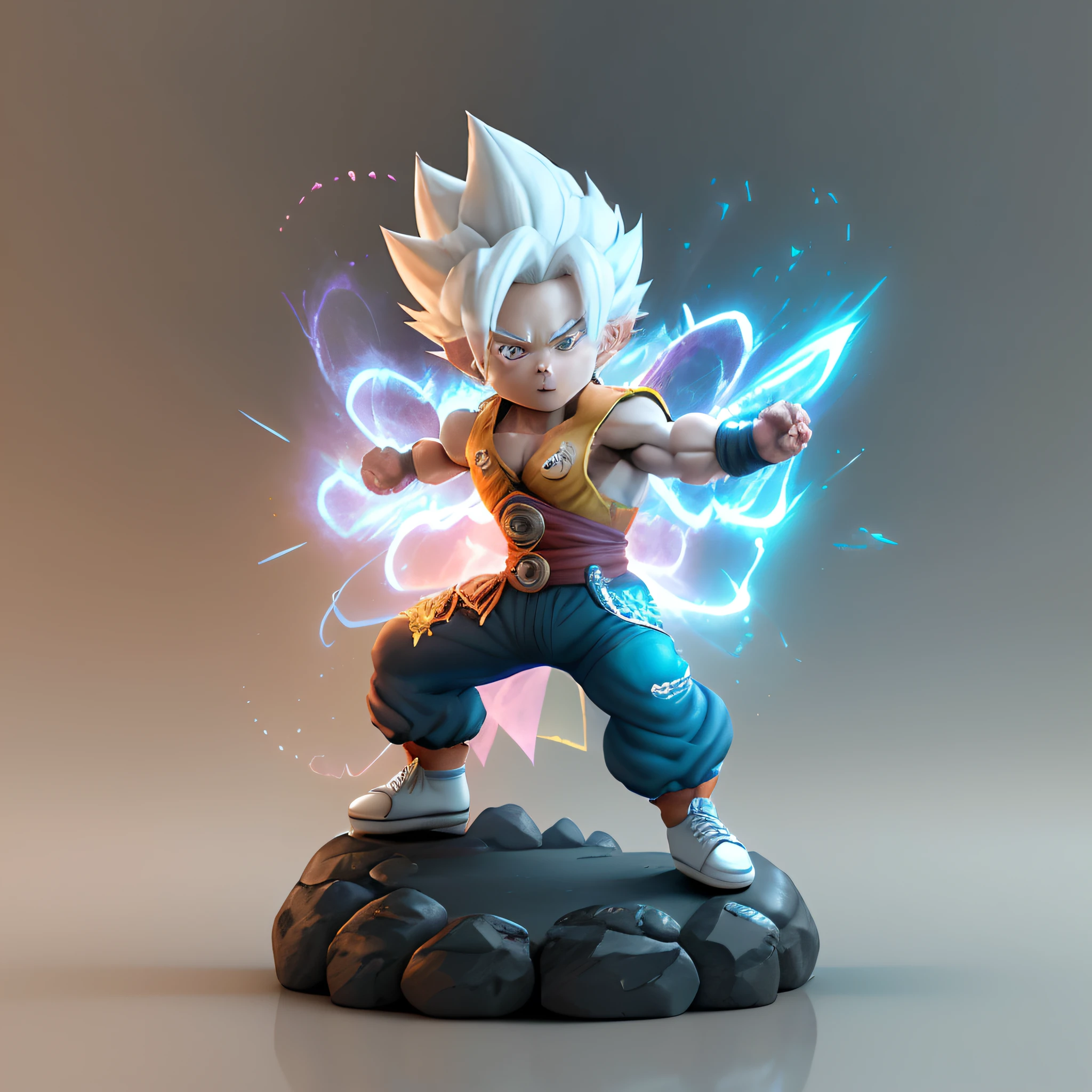 Goku, super saiyan, exquisite hair, arm depiction, white and blue hair body, exquisite shoes, eye depiction, exquisite hair, popmart blind box, clay texture, stepping on the land, black and white background, natural lighting, most good quality, super detail, 3D art, c4d, OC renderer, 3D rendering, 8k