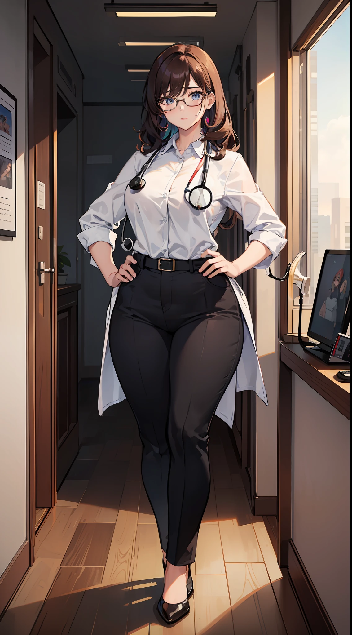 (masterpiece), best quality, expressive eyes, perfect face, 1girl, solo, (bokeh: 1.2) , (illustration: 1.1), (best eyes: 1.3), (scenery: 1.2), (sketch: 1.1), (colorful: 0.9), (depth of field: 0.75), (30 years old: 1.4), (milf: 1.3), (oneesan), glasses,
(detailed eyes: 1.4), (forehead: 1.5), curly (Dark Bronze) medium hair, sharp eyes, (waved hair), (blue eyes: 1.3), (multicolored hair: 1.2), chubby, bold face
(Intricate shirt: 1.4), (pants), (thick body), (doctor coat: 1.2), (tall body), medium breast, ((thick tight)), (shirt: 1.2), quite fat, (stethoscope), doctor
looking_at_viewer, serious, warm, afternoon, indoor, hospital, best lighting, dynamic camera, dynamic pose, full body