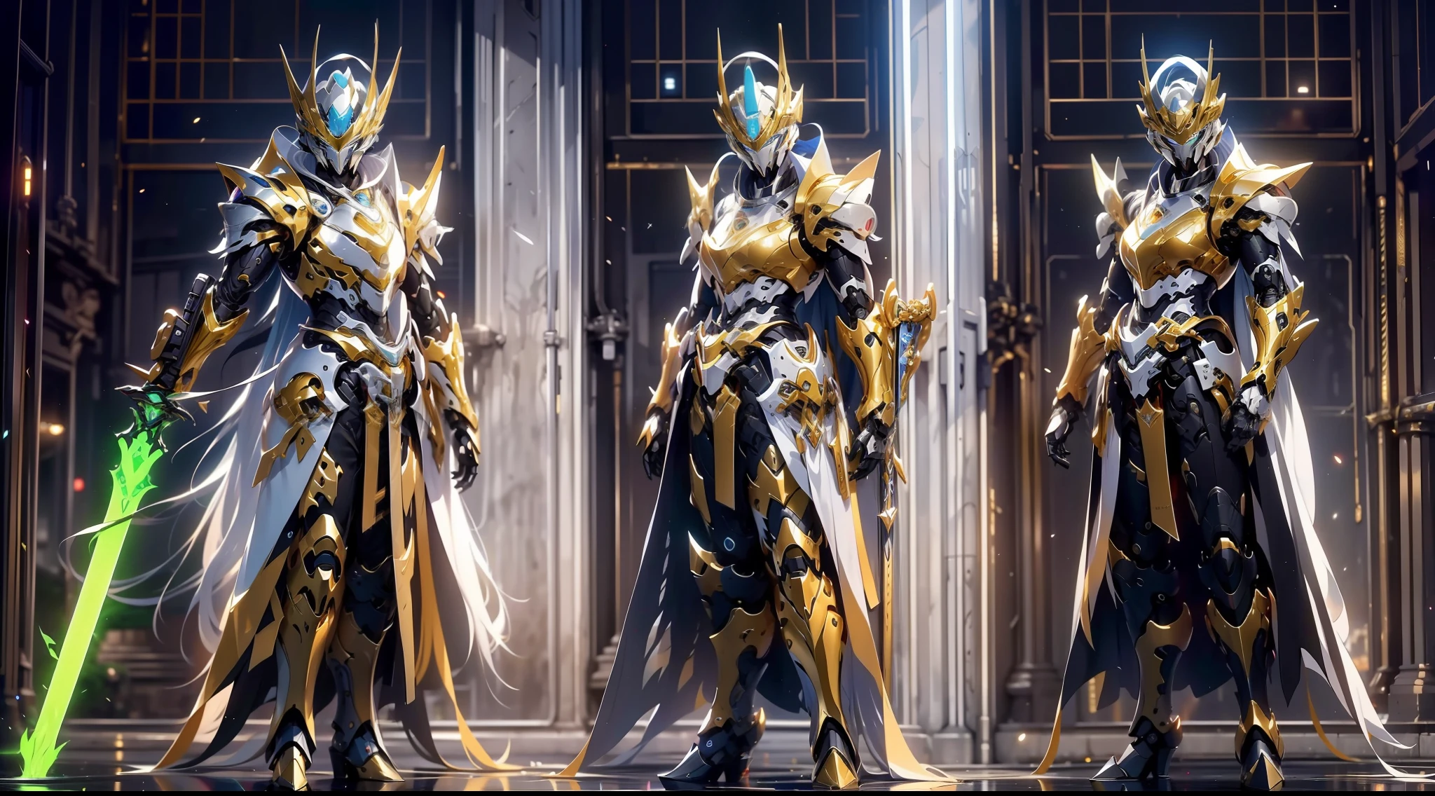 super wide shot, Full body shot, (Masterpiece) , The best quality, High quality, (futurism:1.1), (Paladin armed with a lightsaber, Light magic, Divine, magewave, Silver and gold), 电影灯光, (Exquisite future), Beautiful and beautiful, Ultra detailed, great composition, Floating, Depth of field, (Very detailed CG,Unity 8k壁纸), (Beautiful detail background), Beautiful hair details, dramatic lights, GOGETTA, Mecha,best qualtiy,超高分辨率,Photorealistic