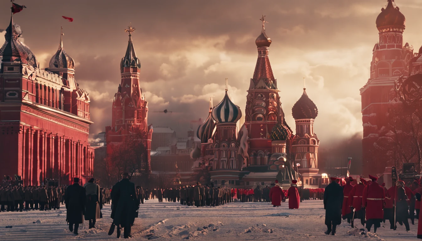 24K movie quality，cinematic compositions，finetextures，the sunset，red square moscow，In 1990，Red Army Choir，mass of people