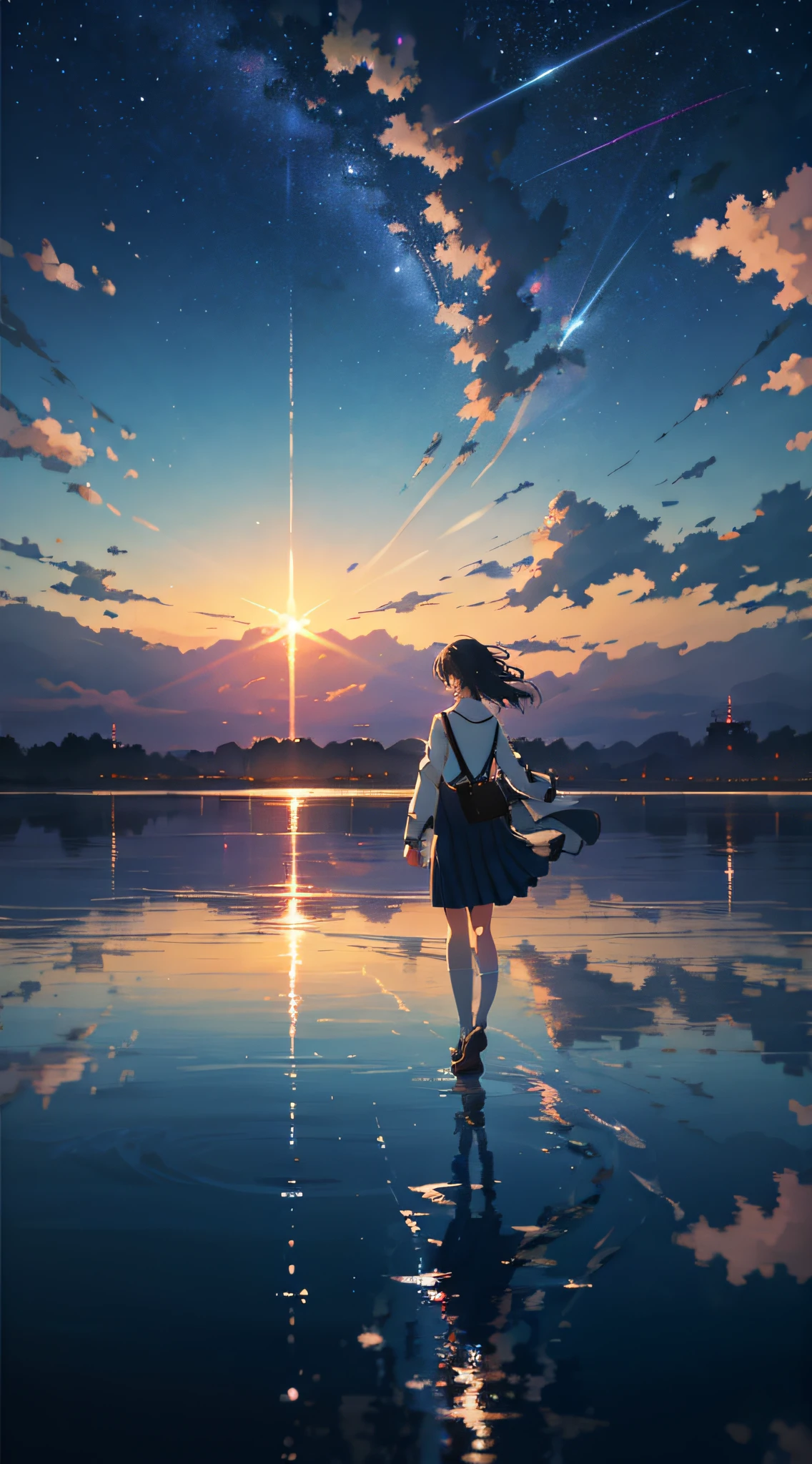 High quality masterpiece ,scenecy,Anime train passing through bodies of water on tracks, Brilliant night sky。Romantic train,pixiv,concept-art,Lofi art style,Reflectors。 by makoto shinkai, lofi art, beautiful anime scenes, Anime landscapes, Detailed scenery —width 672, in style of makoto shinkai, style of makoto shinkai,Detail enhancement。