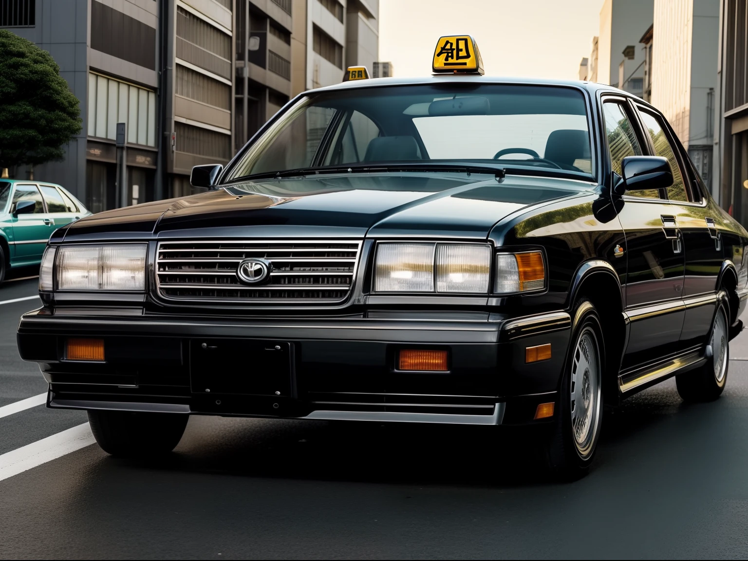 4k, masterpiece, hd, photography, 1990s Toyota crown, black color , classic sedans, Japan taxi, taxicab, tokyo, parked near streets