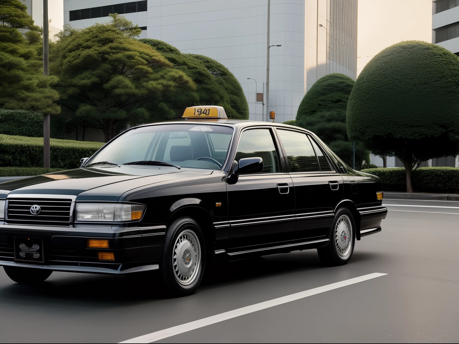 4k, masterpiece, hd, photography, 1990s Toyota crown, black color , classic sedans, Japan taxi, taxi, tokyo, parked near streets