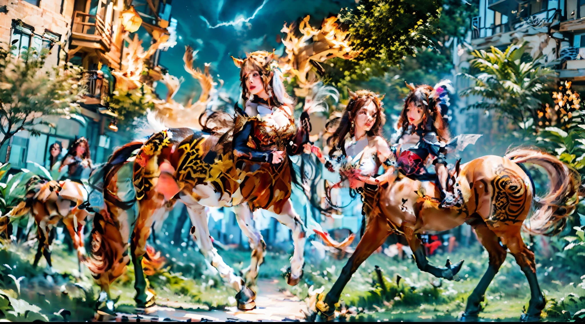 In the beautiful illustration of this super-grand scene，The ultra-distant shot shows eight unique centaur characters，They all have their own characteristics，Vivid and interesting。Radiant angelic centaurs from the heavenly realm，To the hellish centaurs surrounded by nightmarish flames，And then to the Wind Immortal Centaur dancing in the air，There are also one-horned centaurs surrounded by thunder and lightning，and mechanical centaurs that shine with metallic light，And then to the powerful dragon centaur with colored dragon scales covering the whole body，The elegant and agile elf centaur always wears a flower crown with its slender and graceful lines，Enchanting and charming Tiflin centaurs。Each character has their own unique charms and abilities。The illustration uses advanced artistic techniques and tools，Divide the scene into sections by geometric arrangement，Each section corresponds to a centaur character，This makes more efficient use of space。Through Midjourney's advanced brush tools、Color palette、Material packs and model packs，Exquisite costumes and equipment are designed for each centaur，Enhances the character's personality and visual appeal。The scenery in the illustrations is stunning，There are changing skies、rainbowing、extreme light、Stars and Moon。Incorporating iconic landmarks such as Mount Everest，and fireworks、tranquil lake、Natural and urban elements of waves and neon lights，Creates a magical atmosphere。The centaurs showed off their skills and equipment in a variety of environments，This is true even in extreme alien landscapes。Midjourney's tools make depicting details vivid and realistic，From intricate hairstyles and clothing to authentic textures，Enhances the realism of the characters and surroundings。The fusion of multiple art styles adds movement to the centaur's movement at all angles，The overall visual experience is further enriched。The final illustration was described as a "masterpiece"，It has the characteristics of "best quality" and "realistic"，The d