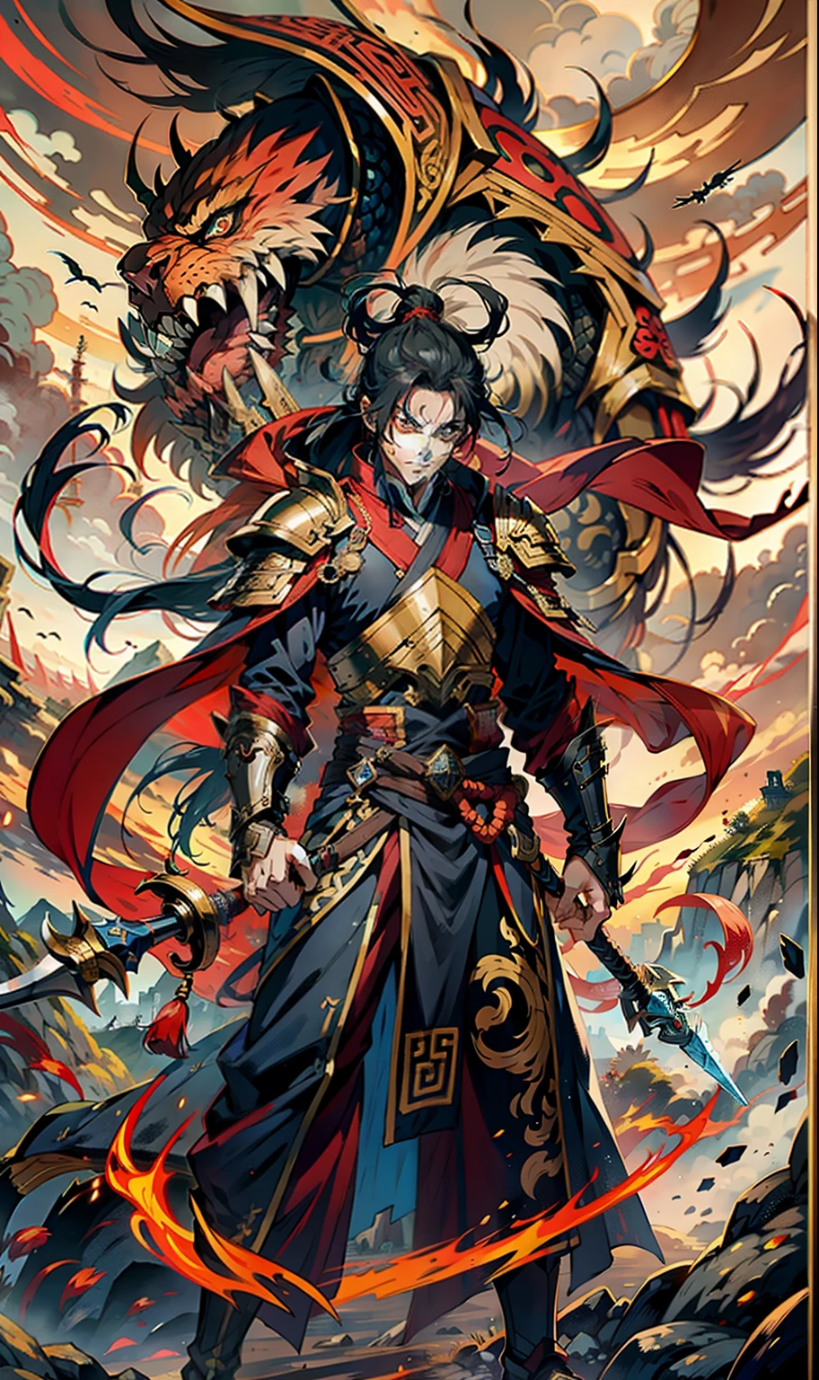 1boys， blood on a face， irate， With a spear， （fly）， Chinese mythology， cloudiness， Detailed sky， abstract background， （loimu_surge_Style：0.5），demonic third eye，Hair Coiled，Hair in a ponytail，Dressed in armor，Strong body，tall，Spear in hand，The body floats in the sky，
