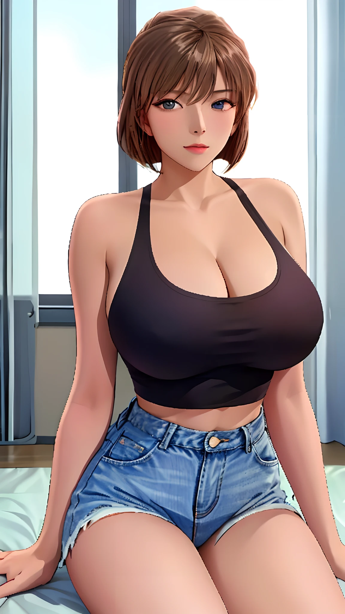 Woman figure（Wear a tight tank top：1.2），（Wear long jeans：1.1），huge tit，（thongs），（looking at viewert），((Masterpiece)),A high resolution, ((Best quality))，tmasterpiece，top-quality，best qualityer， （（（Shiho Miyano,1girll, Solo, Blonde hair, wariza, Short hair, Brown hair,，gigantic cleavage breasts，Exquisite facial features，There is light in the eyes，）））