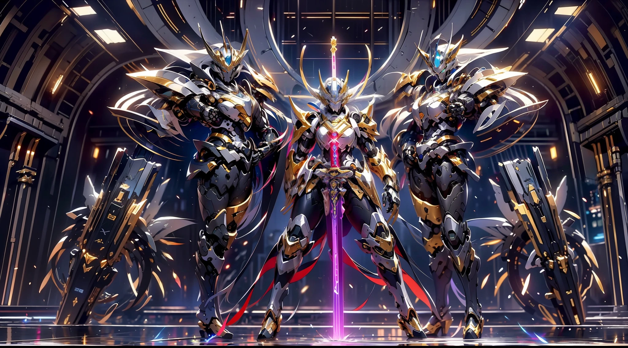 super wide shot, Full body shot, (Masterpiece) , The best quality, High quality, (futurism:1.1), (Paladin armed with a lightsaber, Light magic, Divine, magewave, Silver and gold), 电影灯光, (Exquisite future), Beautiful and beautiful, Ultra detailed, great composition, Floating, Depth of field, (Very detailed CG,Unity 8k壁纸), (Beautiful detail background), Beautiful hair details, dramatic lights, GOGETTA, Mecha,best qualtiy,超高分辨率,Photorealistic