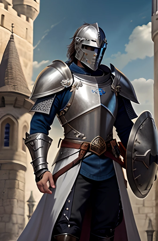 A knight in armor stands in front of the castle, Male paladin, knight wearing plate armor, fantasy paladin man, full portrait of magical knight, fantasy knight, armored knight, arsen lupin as a paladin, Knight in armor, A human male paladin, paladin armor, picture of a male cleric, Male swordsman, portrait of knight