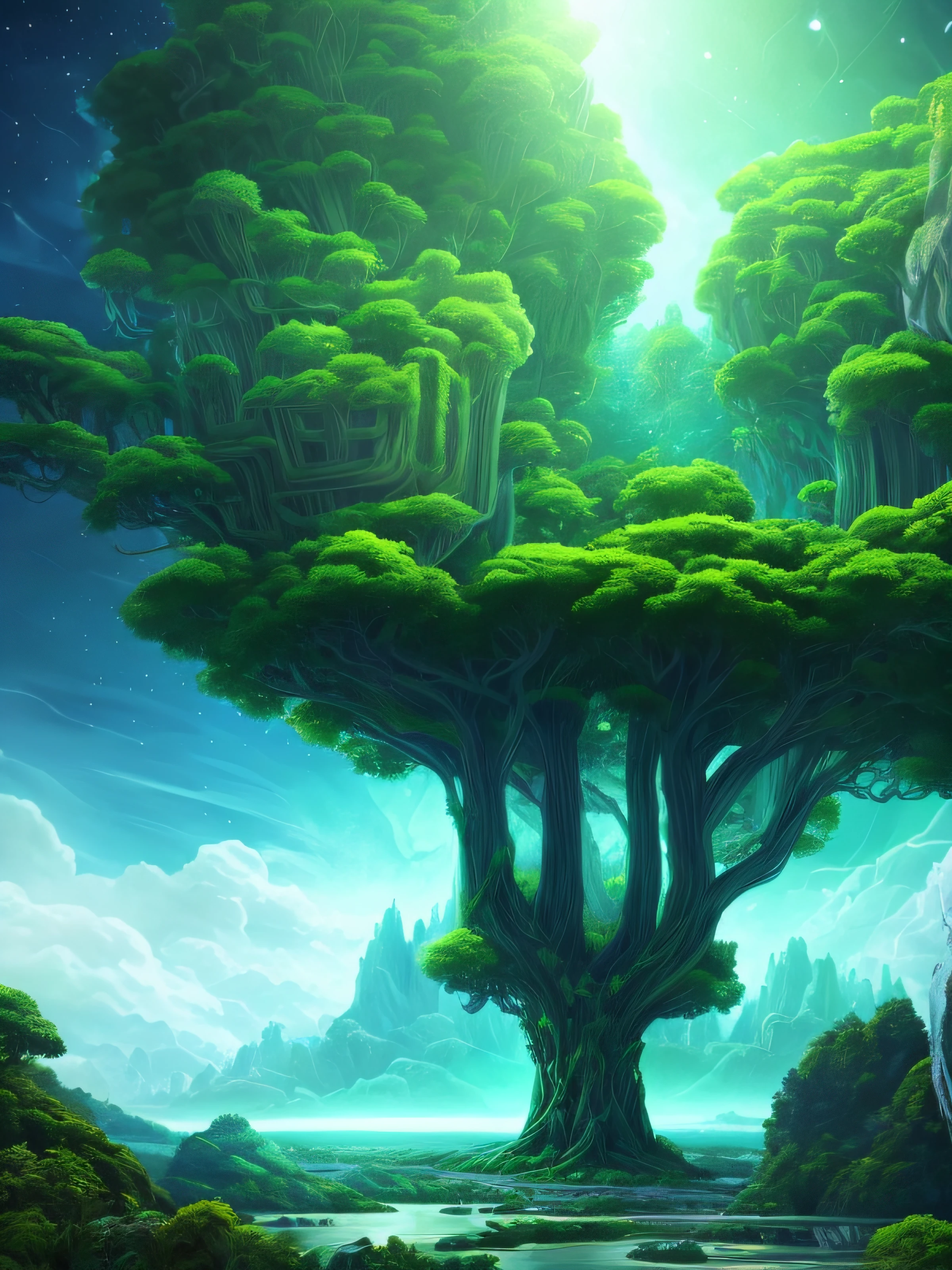 Illustration of a surreal, otherworldly, hyper sky scene including a giant crystal tree full body, highly detailed and magical lighting, intricate forest details, vegetation and surrounding river, solar punk, landscape, giant tree , beautiful green leaves, beautiful lighting and realistic proportions, as if this is a movie background, 8k, highest quality, masterpiece, clouds and stars in the sky.