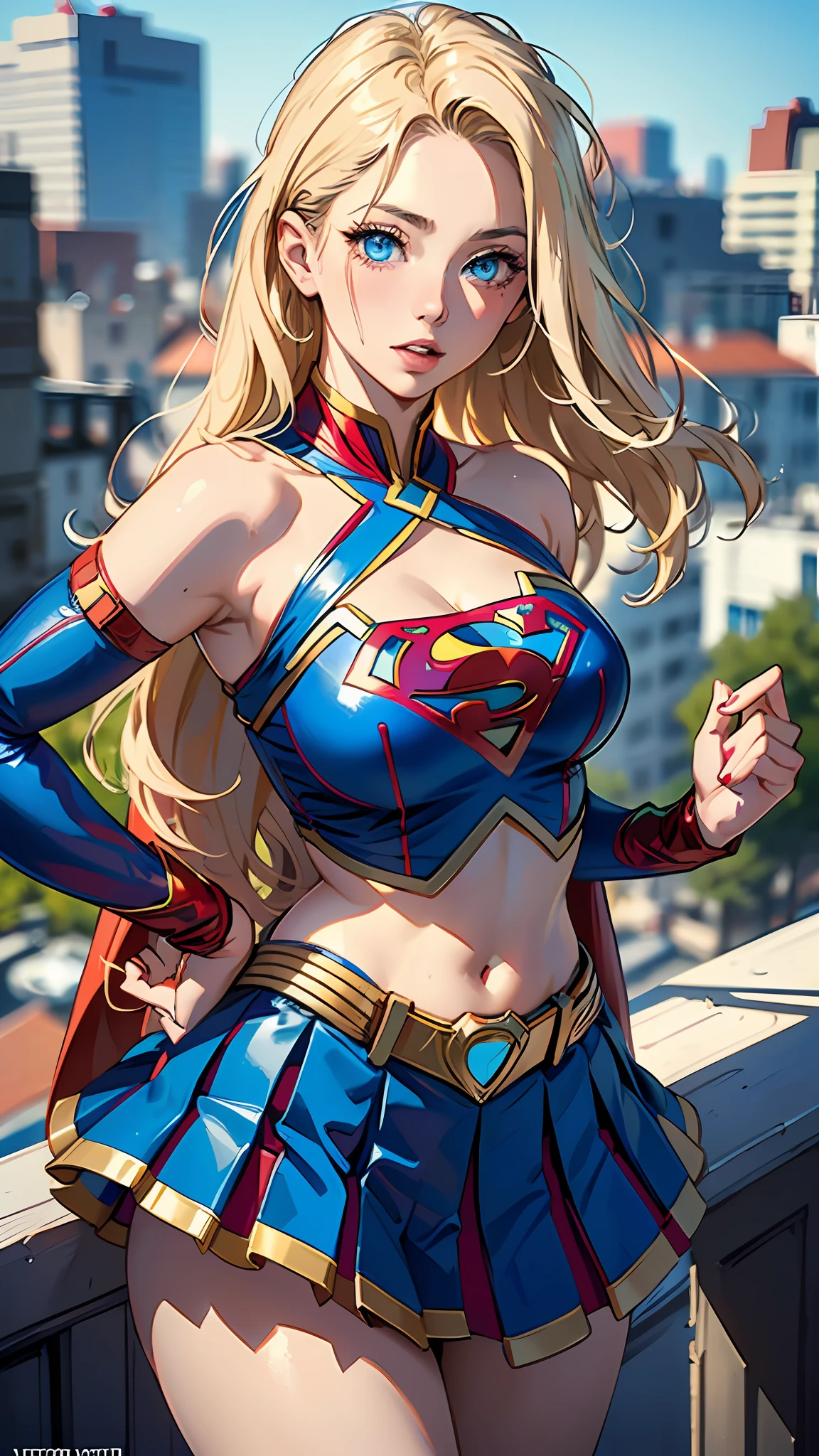 high cinematic quality, fotografia profissional, cena de fantasia, Supergirl stopping a missile, supergirl usa terno preto e dourado, terno sexy,com uma camada flutuante e um "s" No peito. Totally sexy in sensual dynamic pose, Fantasia Sexy Supergirl . She puts her hands in her blonde hair in a sensual way, sorriso lindo com dentes perfeitos e brancos, running your hands through your hair.