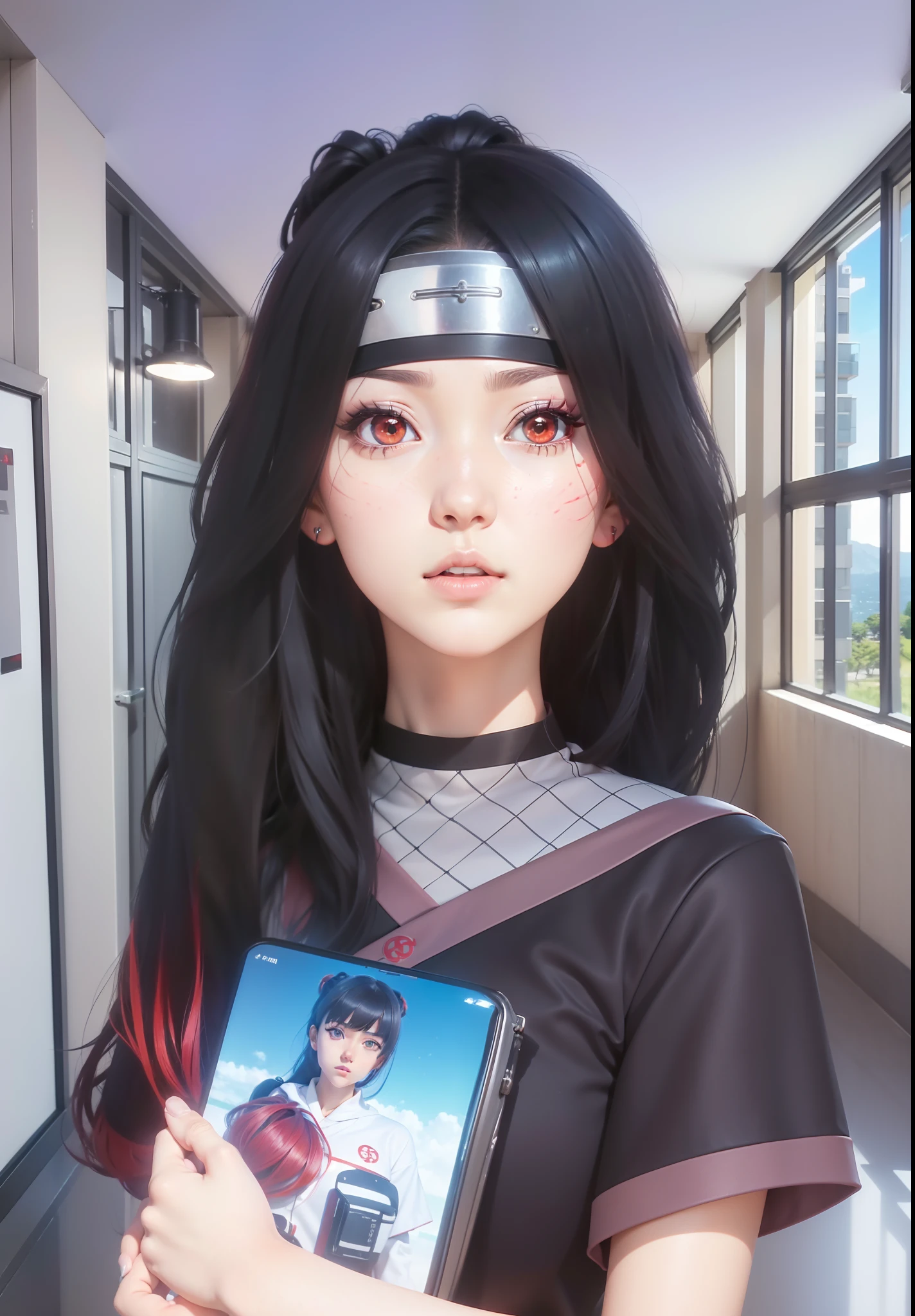 A real Life adaption of this character,her name is Hana from anime boruto ,hyper realistic ,detailed black long hair and The bottom of his hair is red , high resolution, photorealistic,very detailed,realistic outfit, detailed shining red eyes color,Japanese cute girl face,