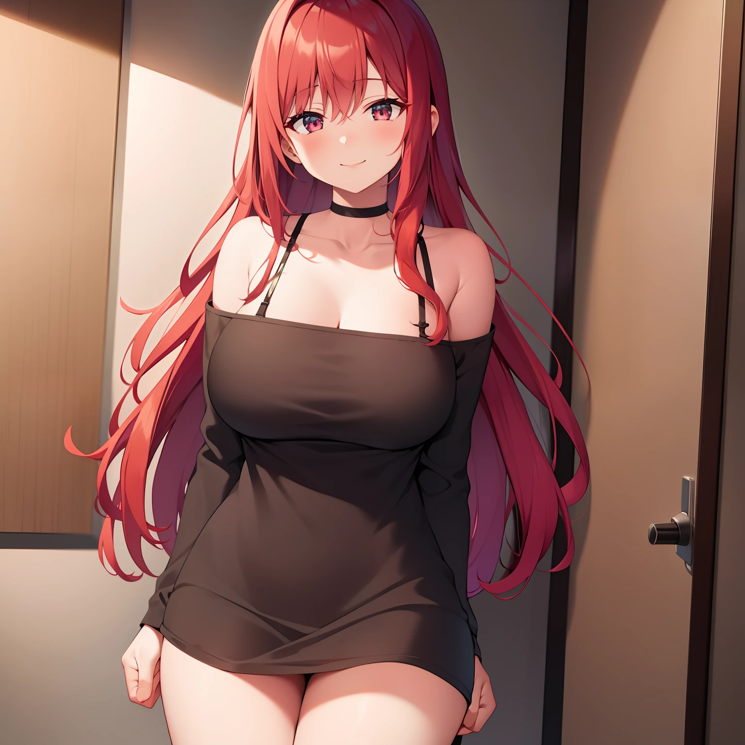 Sitting in the room at night、She crawls into bed、With long red hair and cute eyes、She is a woman with a smile。