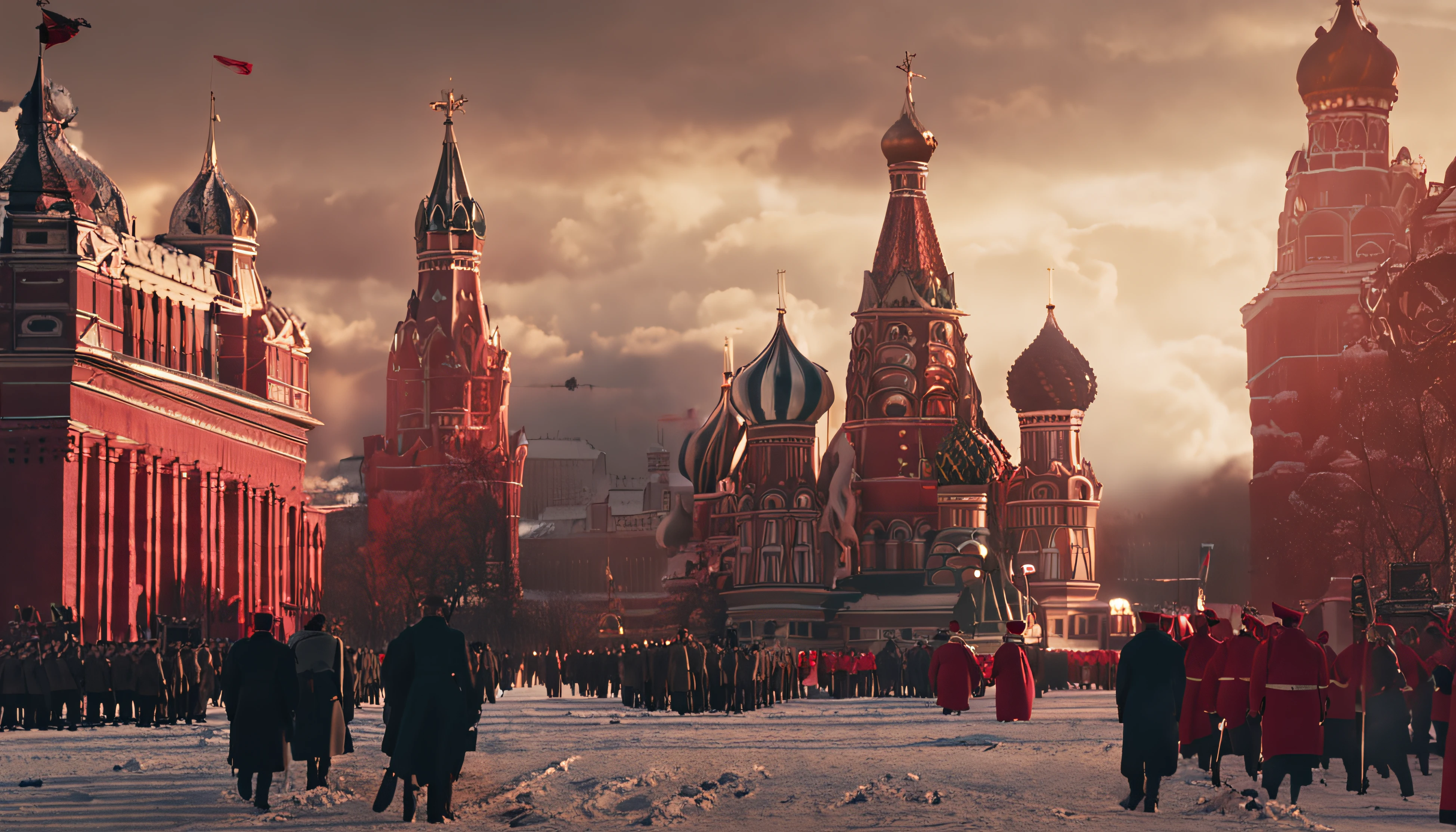 24K movie quality,cinematic compositions,finetextures,the sunset,red square moscow,In 1990,Red Army Choir,mass of people