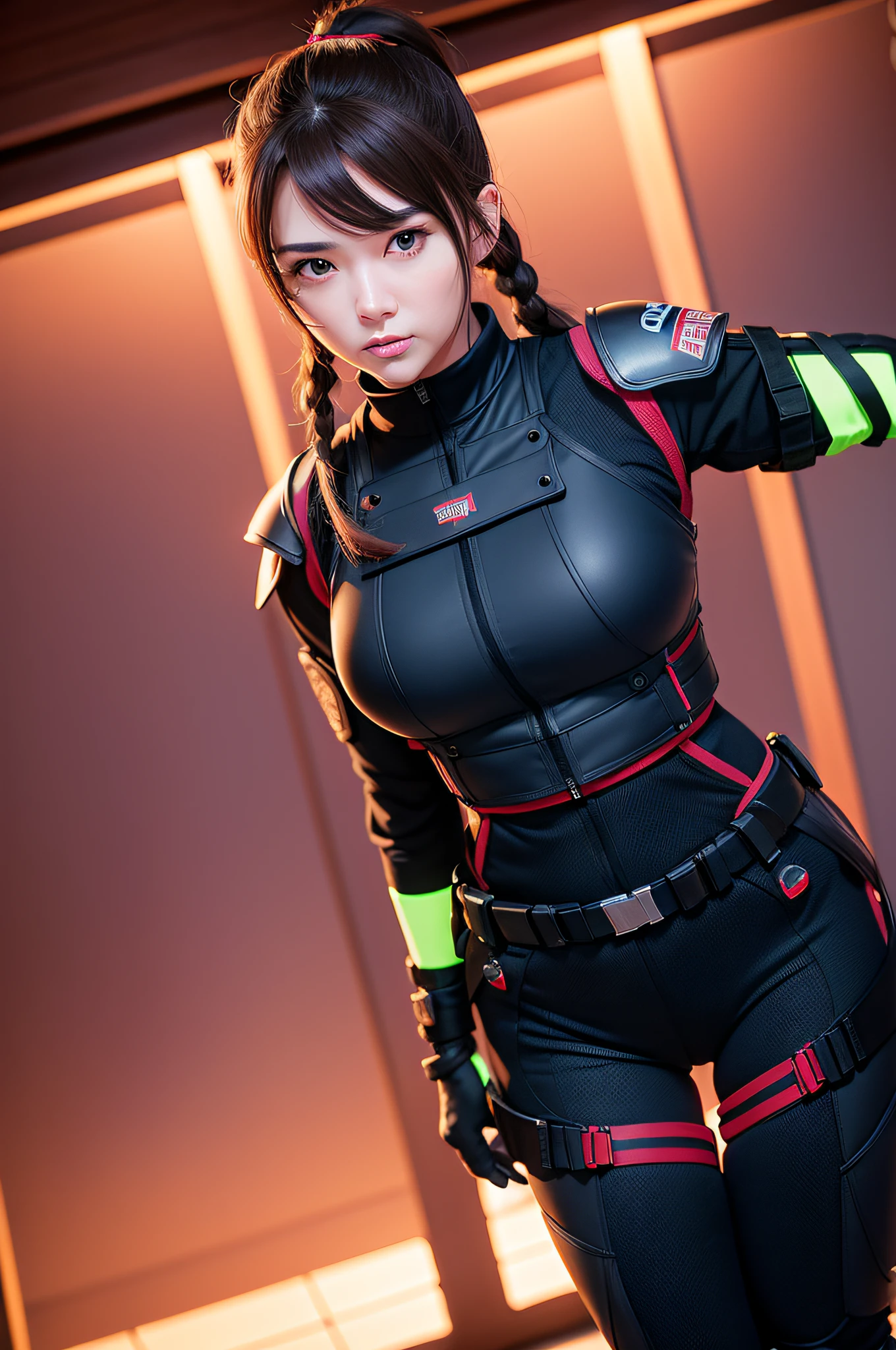 brunette color hair,(pony tails),largeeyes,full bodyesbian,Japan beauties,Korean Idol,45 yers old,(small tits),flatchest,top-quality,Masterpiece,8K,Cowboy shot,1 woman, Elegant beauty, Radiant skin, Detailed facial expressions, (Style dynamic:0.8),Heavy weapons girl ,swat,Female nun,Emergency Service Units,Wear a tactical vest,Wear a full-body suit,Summon spell arrays, midriff,Hyper-realistic details, Glowing magical energy, Japan,toyko,Night scene,Tokyo Tower,Metropolitan Police Department,Anti-monster squad,stand posture,determined expression, Armor details, Detailed background,Powerful aura,