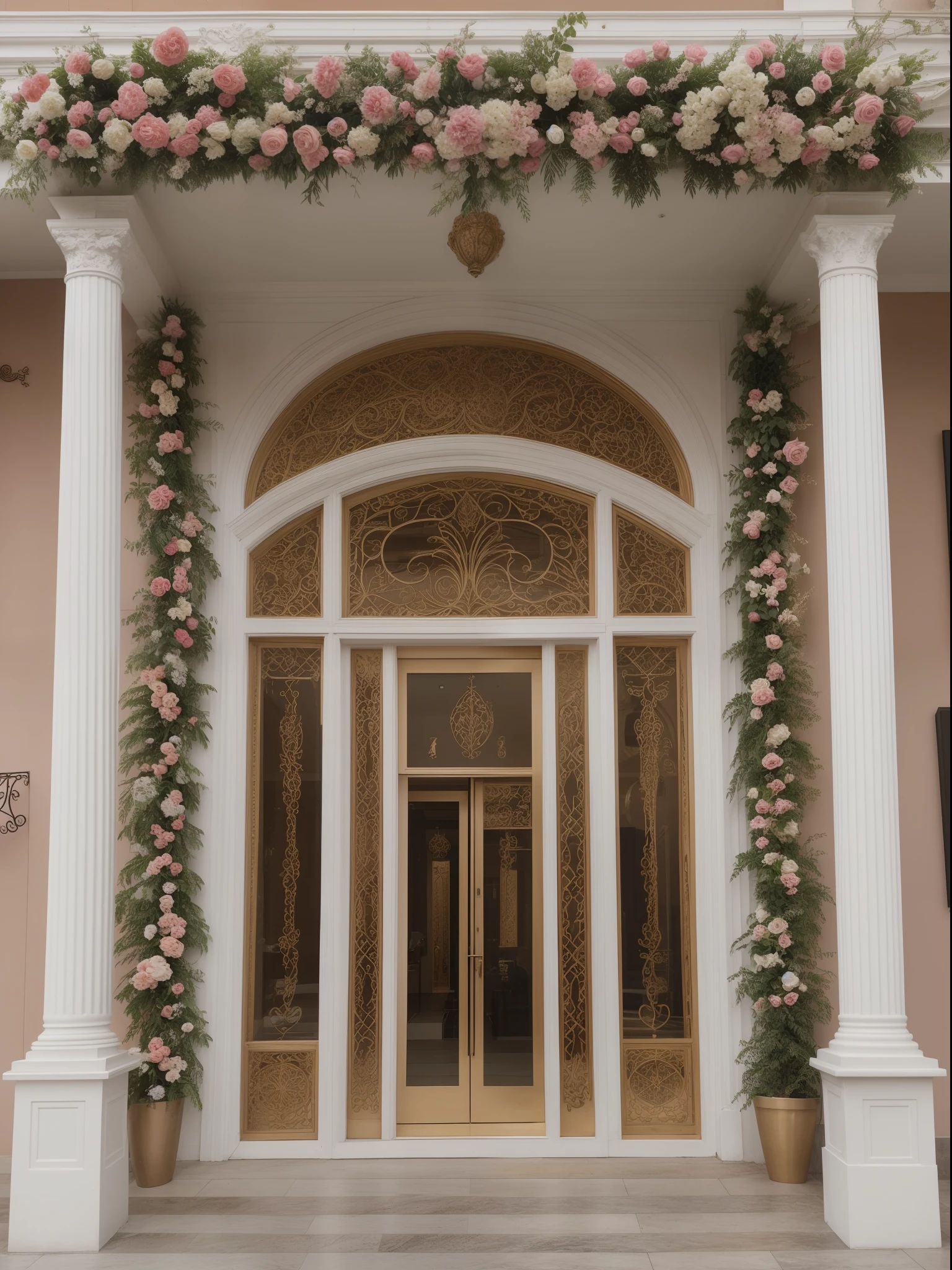 fachada de uma loja de rua, vestido de noiva na vitrine de vidro, loja em formato de bolo de noiva com paredes de pedra de porcelana, detalhes em ouro, rosas vermelhas decorativas, foto central, luz do dia, luxuoso, imagem central, super detalhada