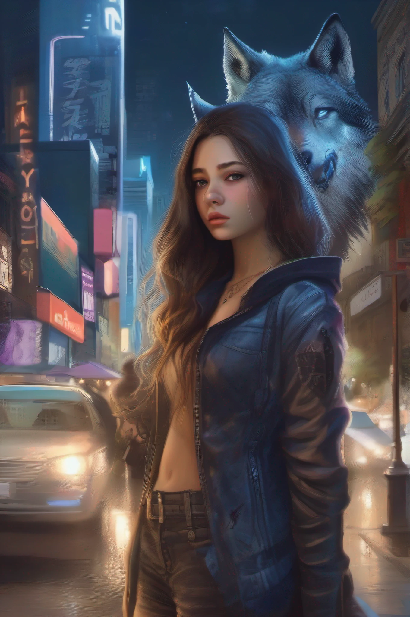 Lua azul ao fundo, A girl is undergoing metamorphosis into a humanoid wolf in the middle of the city,