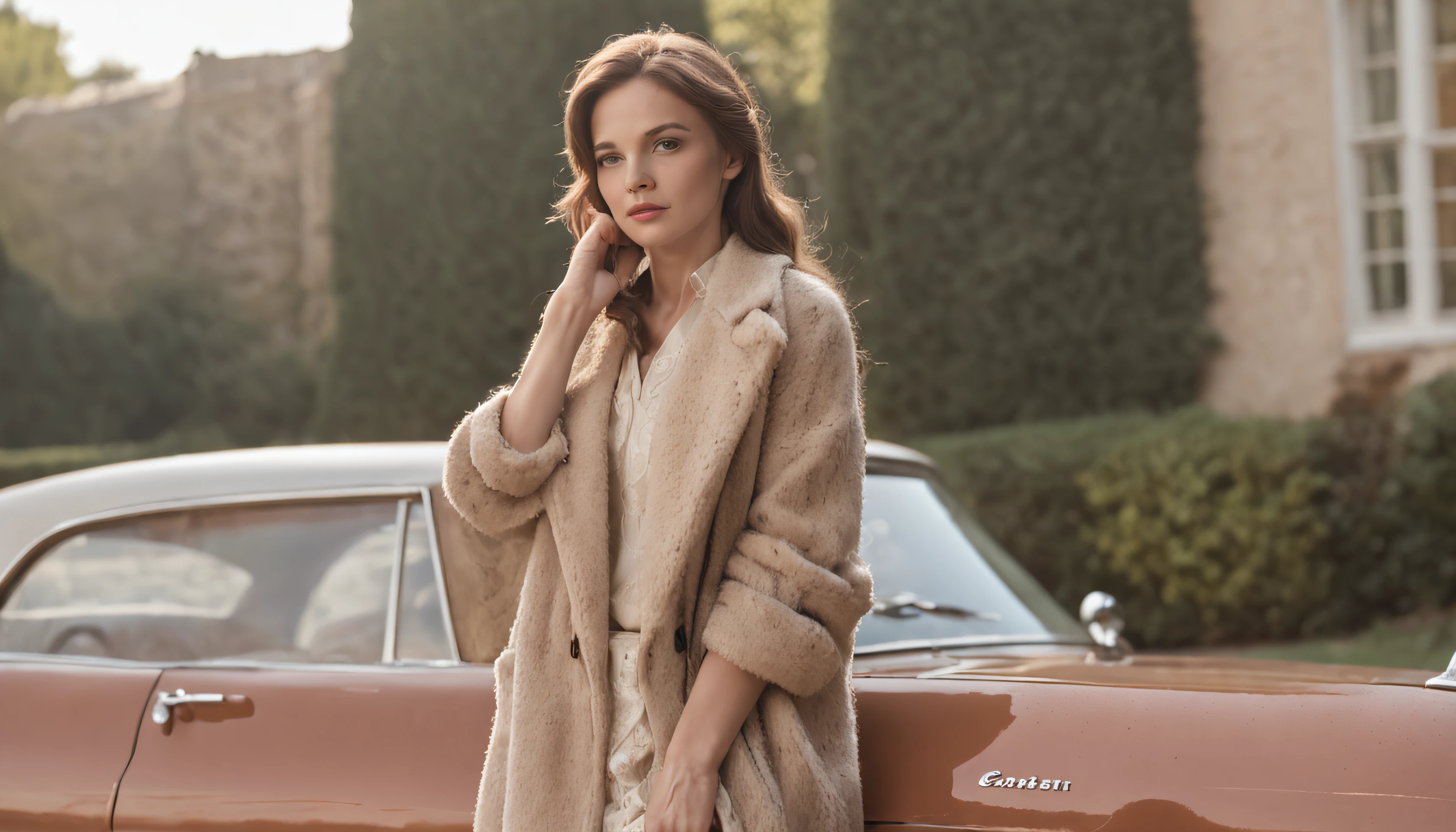 Nostalgic Elegance
Capture a confident middle-aged person in the midst of the 1970s era. The fashion, furniture, and architecture should ooze the essence of that time. Enhance the scene with classic cars from the same period to complete the vintage look. Ensure intricate details in attire, surroundings, and automobiles.
