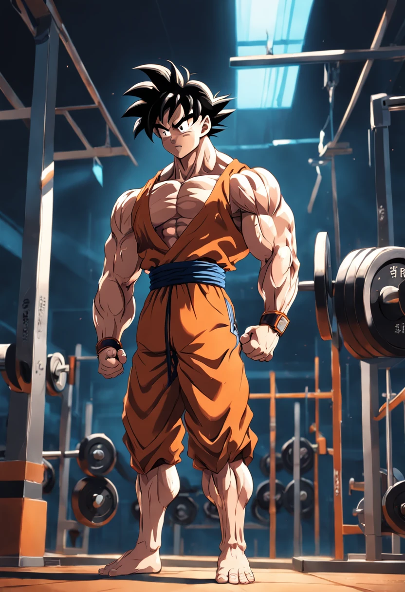 A detailed drawing of Son Goku biceps training intensely in a bodybuilding gym.