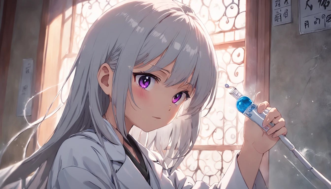 Holding a silver needle,Treat others,the doctor,Wearing a white coat,sickroom,Others watch,Window sunlight