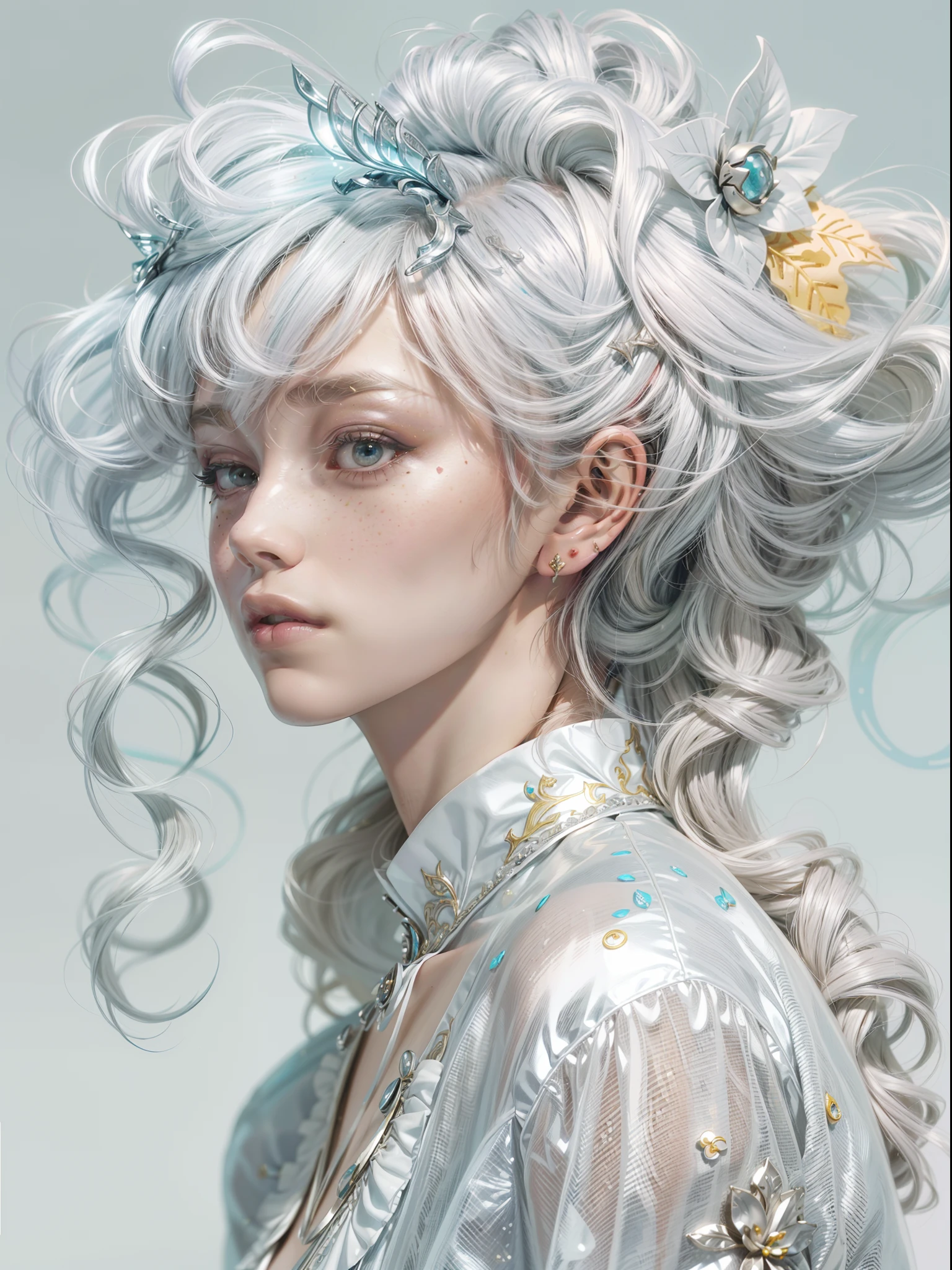 beautiful  Girl(Solo)、Photo、Fantastical、(Loretta Luxe:1.7)、PastelColors:0.6、hitornfreckles、surrealism:1.4、highcontrast、ultra-detailliert、8K、Surreal hairstyle(white gold)、Poses、