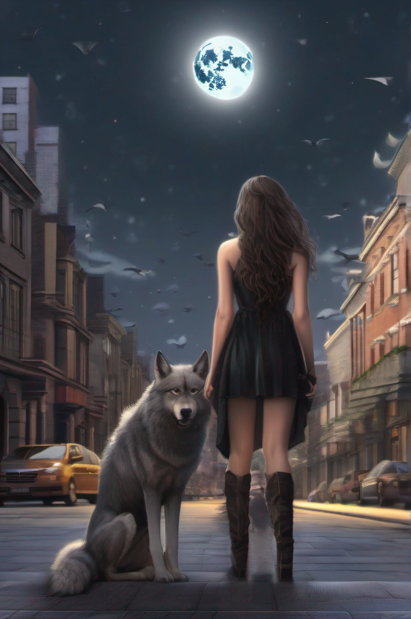 A girl is undergoing metamorphosis into a humanoid wolf in the middle of the city. She's standing on the sidewalk, with your back to the camera. She's wearing a long black dress and her hair is loose. Your skin is starting to change color, and her teeth are starting to grow. Her eyes are closed and she's making an expression of pain. The moon is full in the sky, and the stars are shining. The street is empty, And the only thing you hear is the sound of the wolf's howls.