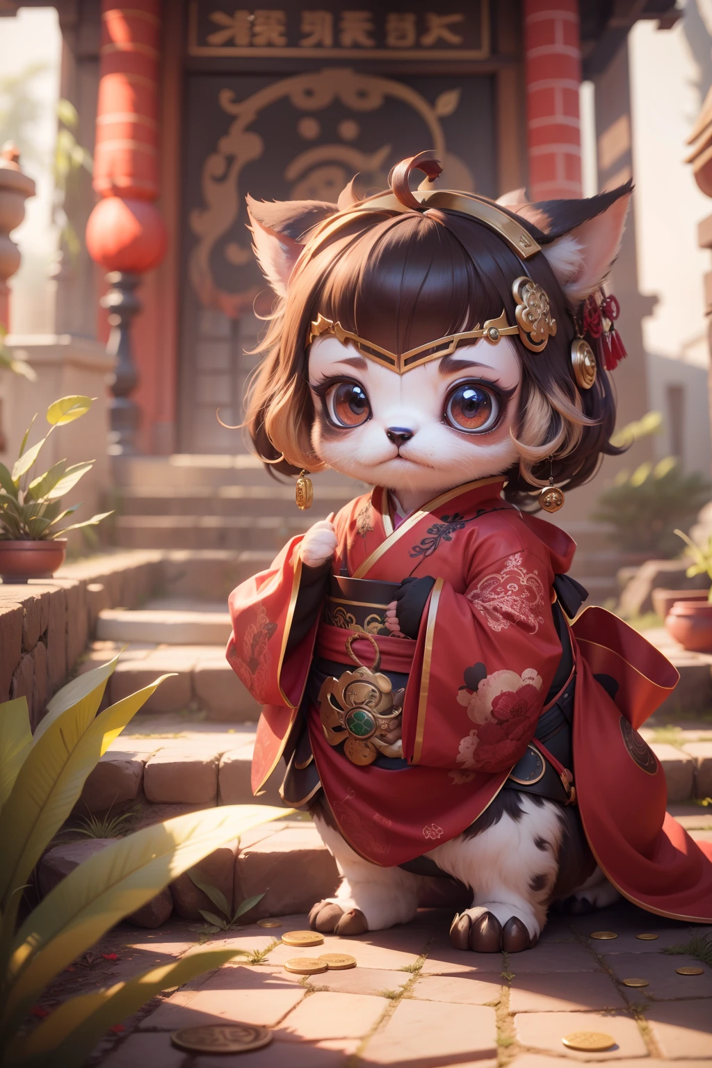 anthropomorphic turtle，Little cute and cute puppy，Wearing elegant red Hanfu，Take gold ingots，The ground is covered with gold coins，silkouette，fluffy mane，largeeyes，Red Wall，Chinese culture，zbrush，Dramatic lighting，full-body portraits，hentail realism，finedetail，photographrealistic，Film illumination，complexdetails，rendering by octane，unreal-engine，8K --ar 9：16 --testp --upbeta