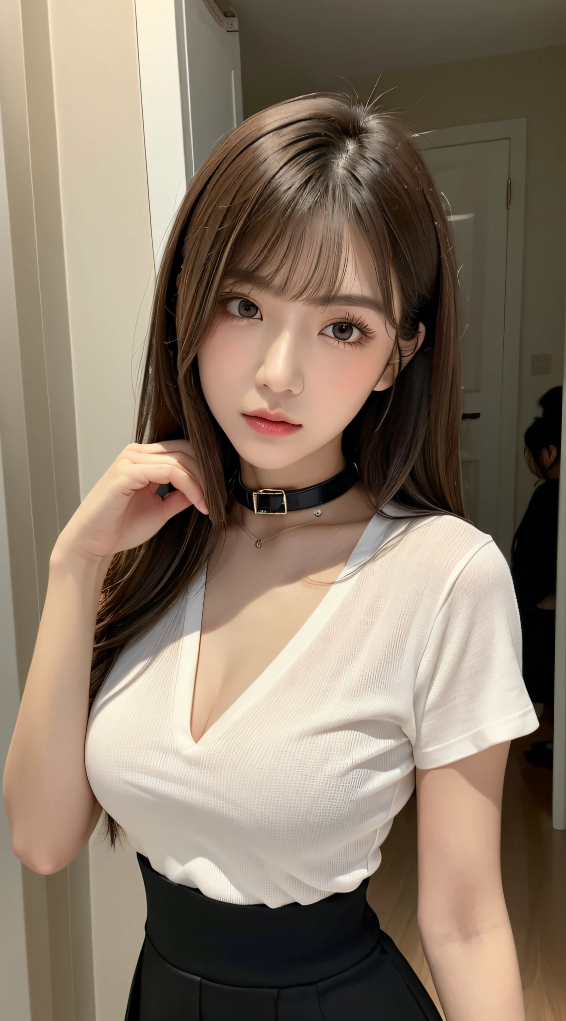 Korean woman in leotard, brown hair, (small breasts:0.75), huge areola ,(((areola slip))),((puffy areolae)),((sideboob)),(((collar))), cleavage mole, belly, Korean girl, beautiful south Korean woman, gorgeous young Korean woman, beautiful young Korean woman, asian girl with long hair, young adorable Korean face, portrait of female Korean idol, Korean woman, messy hairstyle, popular Korean makeup, popular south Korean makeup, cityscape, night, (8k, RAW photo, best quality, masterpiece: 1.45), (nsfw:1.25), ulzzang, ulzzang-6500-v1.1, pureerosface_v1,