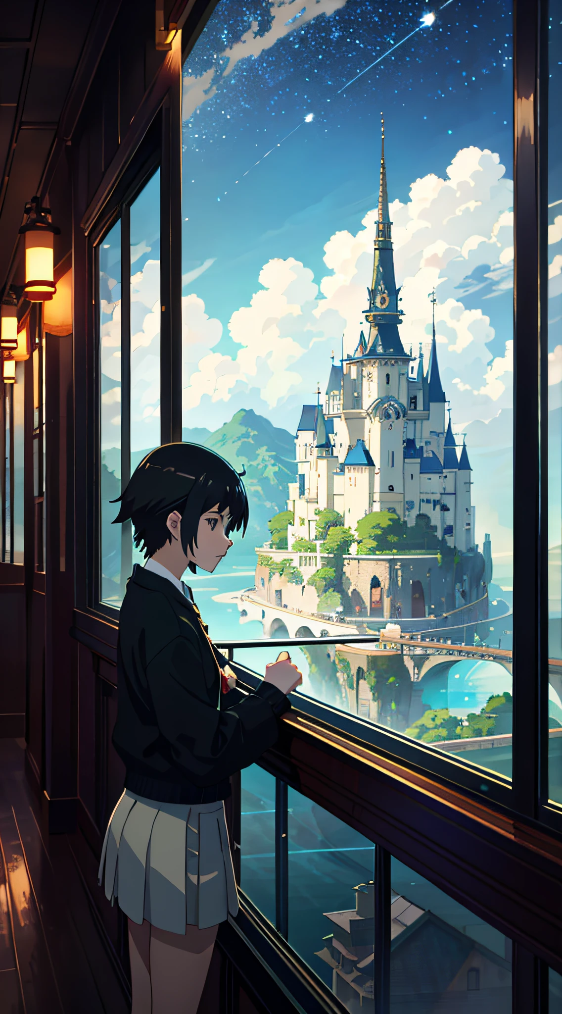 High quality masterpiece ,scenecy,Anime train passing through bodies of water on tracks, Brilliant night sky。Romantic train,pixiv,concept-art,Lofi art style,Reflectors。 by makoto shinkai, lofi art, beautiful anime scenes, Anime landscapes, Detailed scenery —width 672, in style of makoto shinkai, style of makoto shinkai,Detail enhancement。