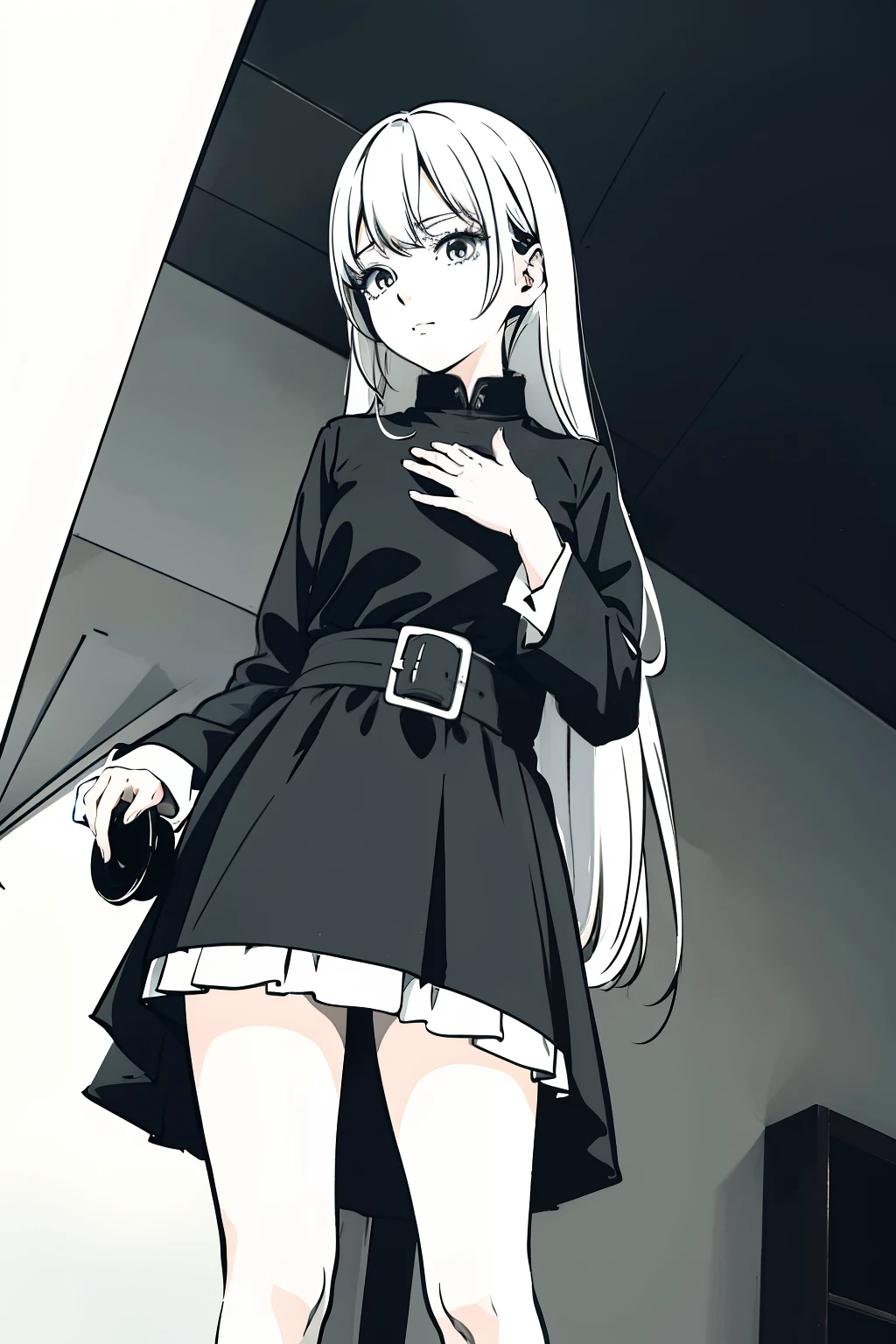Anime girl drawing in black and white, black and white manga style, Anime girl wearing black dress, direction: Hosomura Kane, clean and meticulous anime art, direction: Tetsugoro Yotsu, flat anime style shading, anime big breast,Under the maple tree