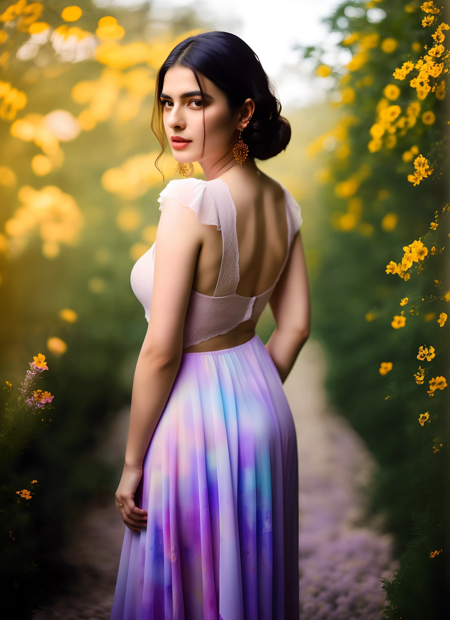 Stunning and sexy Turkish Woman, in lavender garden, Tall and Slender , 3/4 naked, empire sexy, Procreate, Watercolor Technique, Poster Design, 300 DPI, Soft Lighting, Ethereal Art, Mysterious, Serene Expression, Enchanting Atmosphere, bokeh, photo, 8k, dark, dynamic action, pale washed out style, dreamy nostalgic, soft focus, dark vignetting, light leaks, medium photography, gloomy artistic painterly ethereal, whimsical, hyperrealistic and hyperdetailed photo