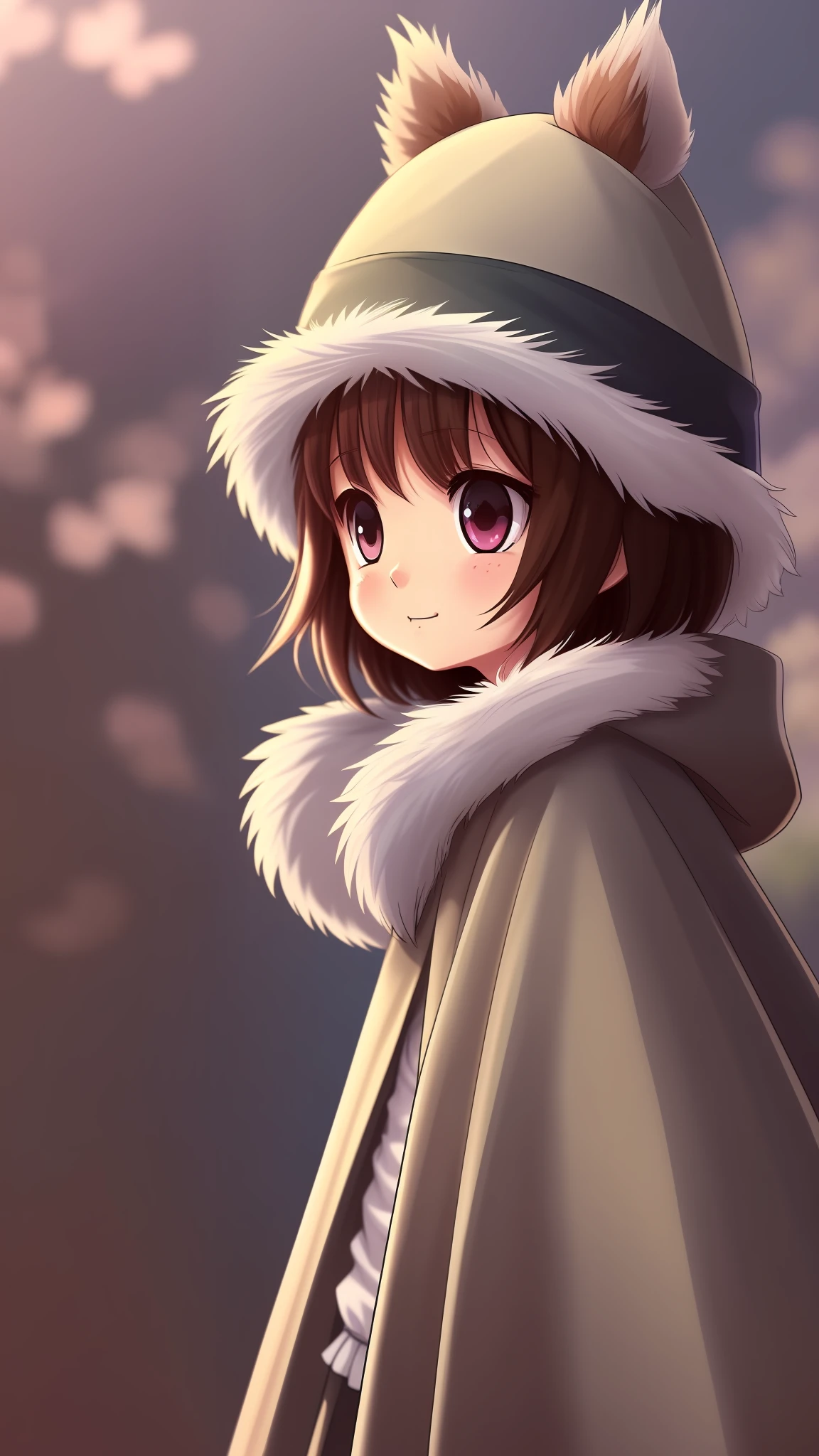 Small cute creature, with long cape,big eyes, Ghibli style, hat,furry,side view --auto --s2