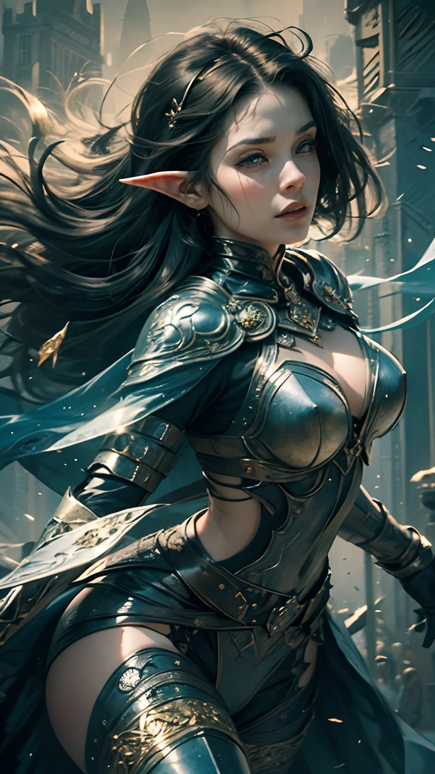 Top quality, super detailed, very delicate, cinematic lighting, unique lighting effects, portrait of a beautiful 30-year-old female elf, environment with intricate details, very detailed, graceful figure, graceful aura, elaborate pattern that blends fantasy and modernity, black cloak of flowing fabric, black leather armor and leggings with rich texture, black knight armor with delicate carving, Bustling medieval cityscape and castle in the background, mysterious atmosphere filled with magical elements, dynamic lighting with bright colors, detailed background depiction, deep sense of depth, depth and mood, 30-year-old black-haired beauty elf, slender figure, hairstyle ponytail, seductive blue eyes, sharp eyes, ultra-detailed face, detailed eyes, detailed hand depiction, detailed foot depiction, dynamic action