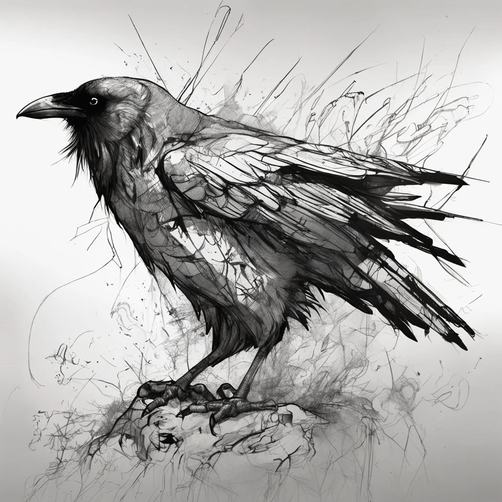 Ink drawing of a raven, side profile, moden ao Dai, full body, Peter Draws, digital illustration, comic style, black and white contrast, perfect anatomy, centered, dynamic, detailed, watercolor painting, artstation, concept art, smooth, sharp focus, illustration, art by Carne Griffiths and Wadim Kashin,