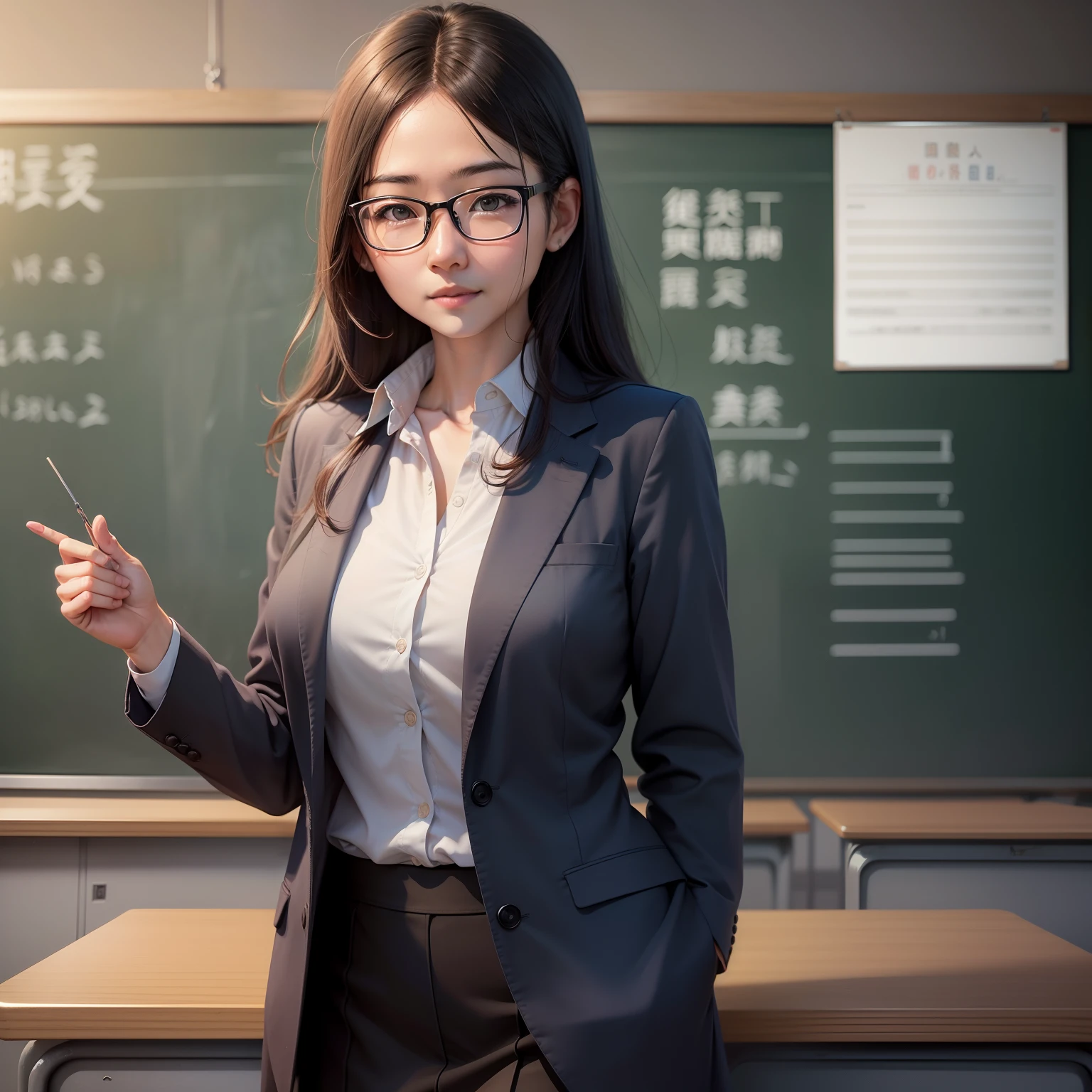 A teacher, standing on the podium, wearing glasses and holding a piece of chalk
