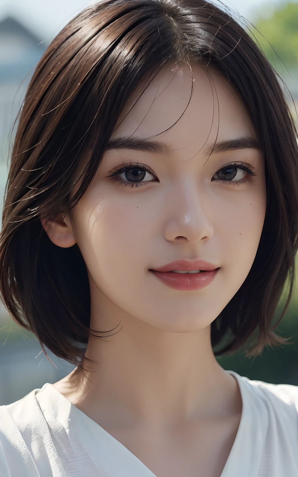 masutepiece, The highest image quality, High quality, Beautiful woman, Japanese, Detailed, Swollen eyes, Detailed eyes, Detailed skin, Beautiful skin, Ultra High Resolution, (reality: 1.4),Very beautiful, Slightly younger face, Beautiful skin, slender, (A hyper-realistic), (Illustration), (High resolution), (8K), (Very detailed) (Best Illustration), (beautifully detailed eyes), (super detailed), (Wallpaper), (Detailed face), Looking at Viewer, Fine details, Detailed face, Smiling, Looking straight ahead, Looking straight ahead, angle from waist up, photos realistic, Bright lighting, Professional Lighting, Brown hair, Short hair swaying in the wind, Bangs, Mature Woman, Bangs,